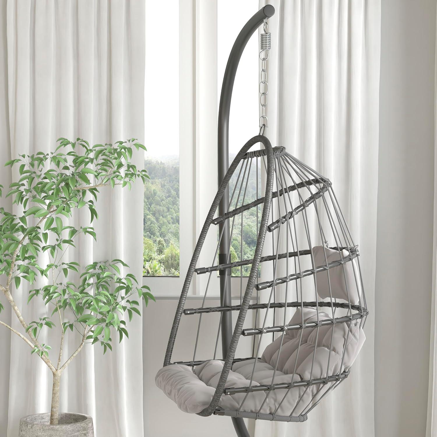 imageFlash Furniture Cleo IndoorOutdoor Patio Hanging Egg Chair Gray Frame with Gray Seat Cushions Black Powder Coated CStyle Stand Hanging Hardware IncludedGrey