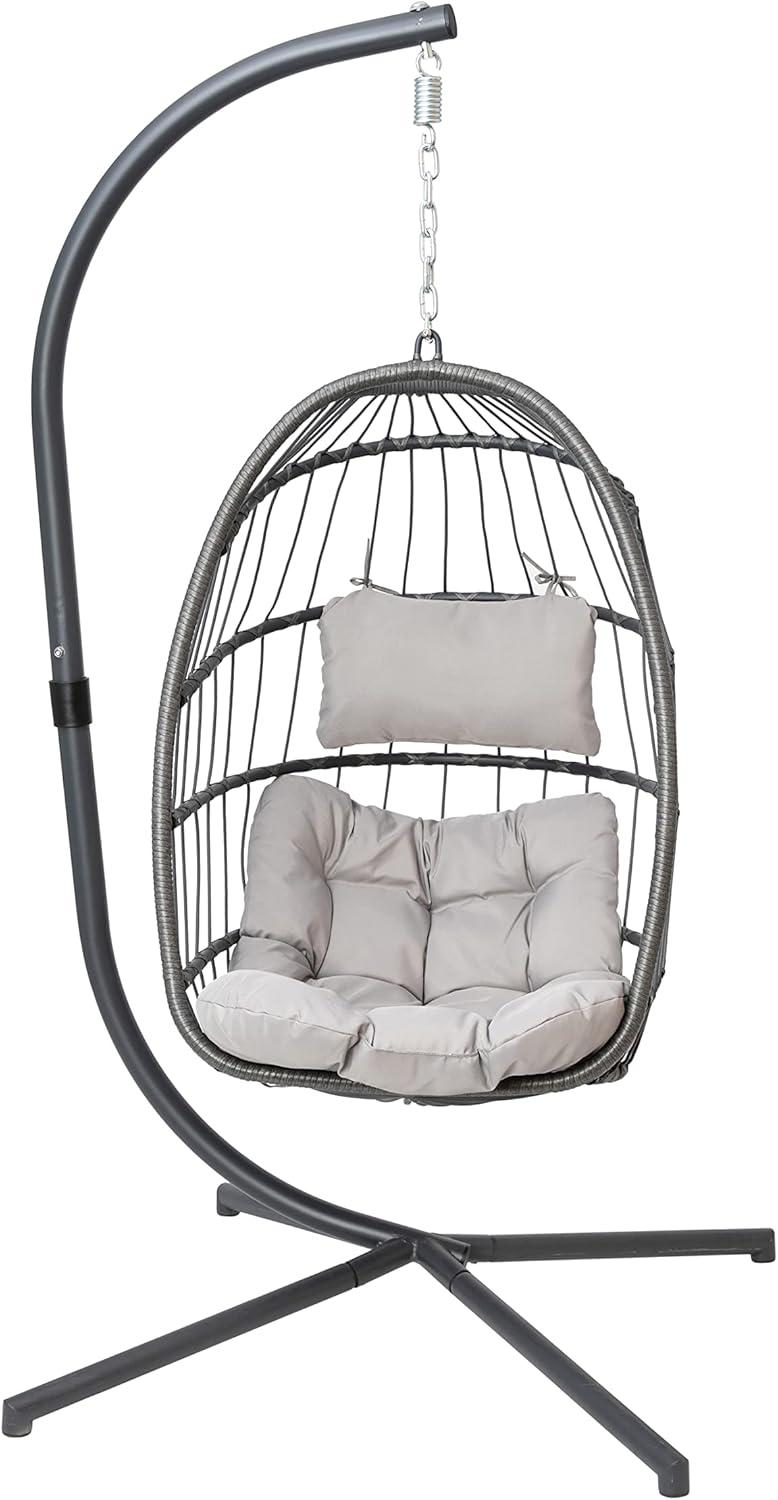 imageFlash Furniture Cleo IndoorOutdoor Patio Hanging Egg Chair Gray Frame with Gray Seat Cushions Black Powder Coated CStyle Stand Hanging Hardware IncludedGrey