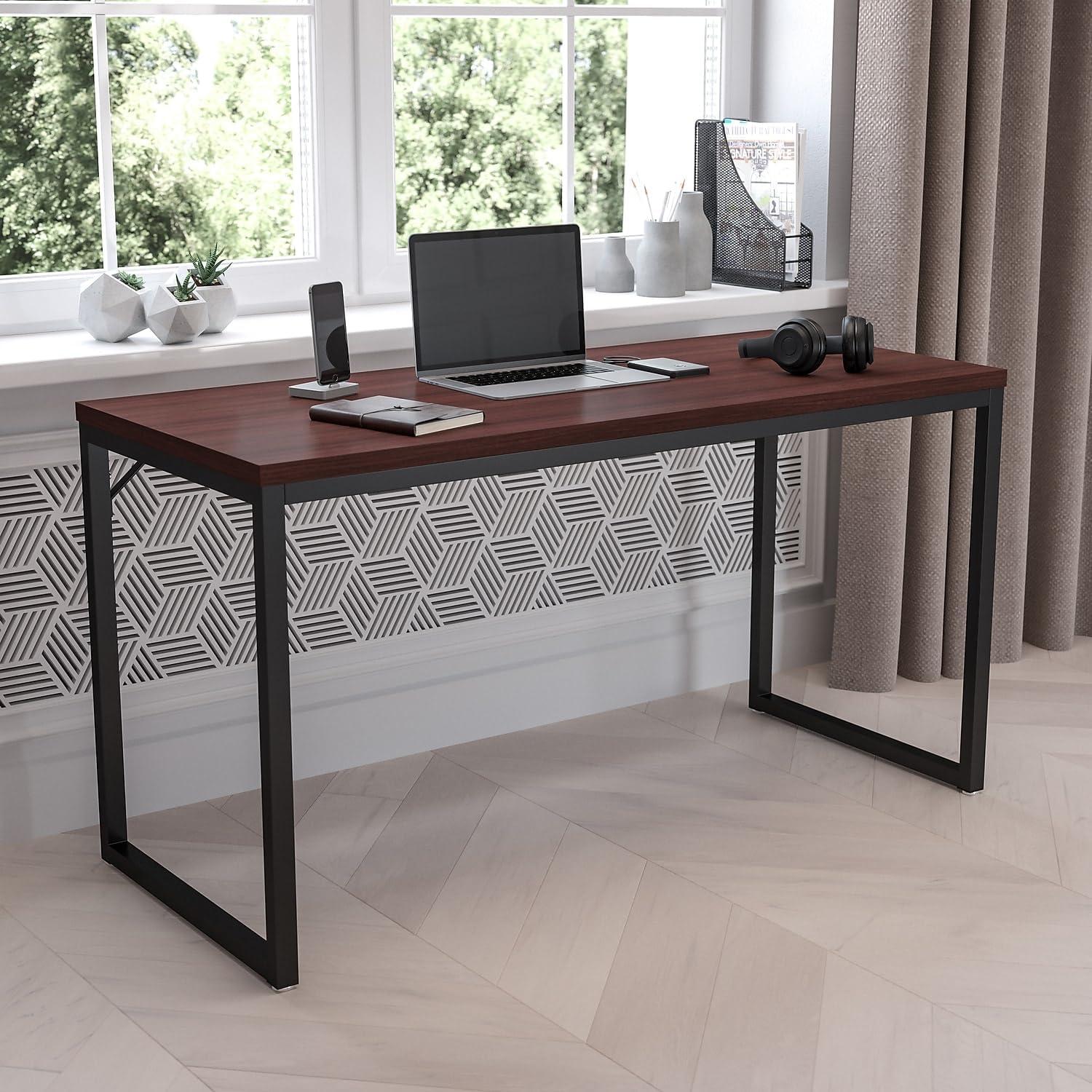 imageFlash Furniture Clifton Modern Office Computer Desk with Top and Bottom Storage Shelves Small Computer Desk for Home Office 28quotW BlackMahogany