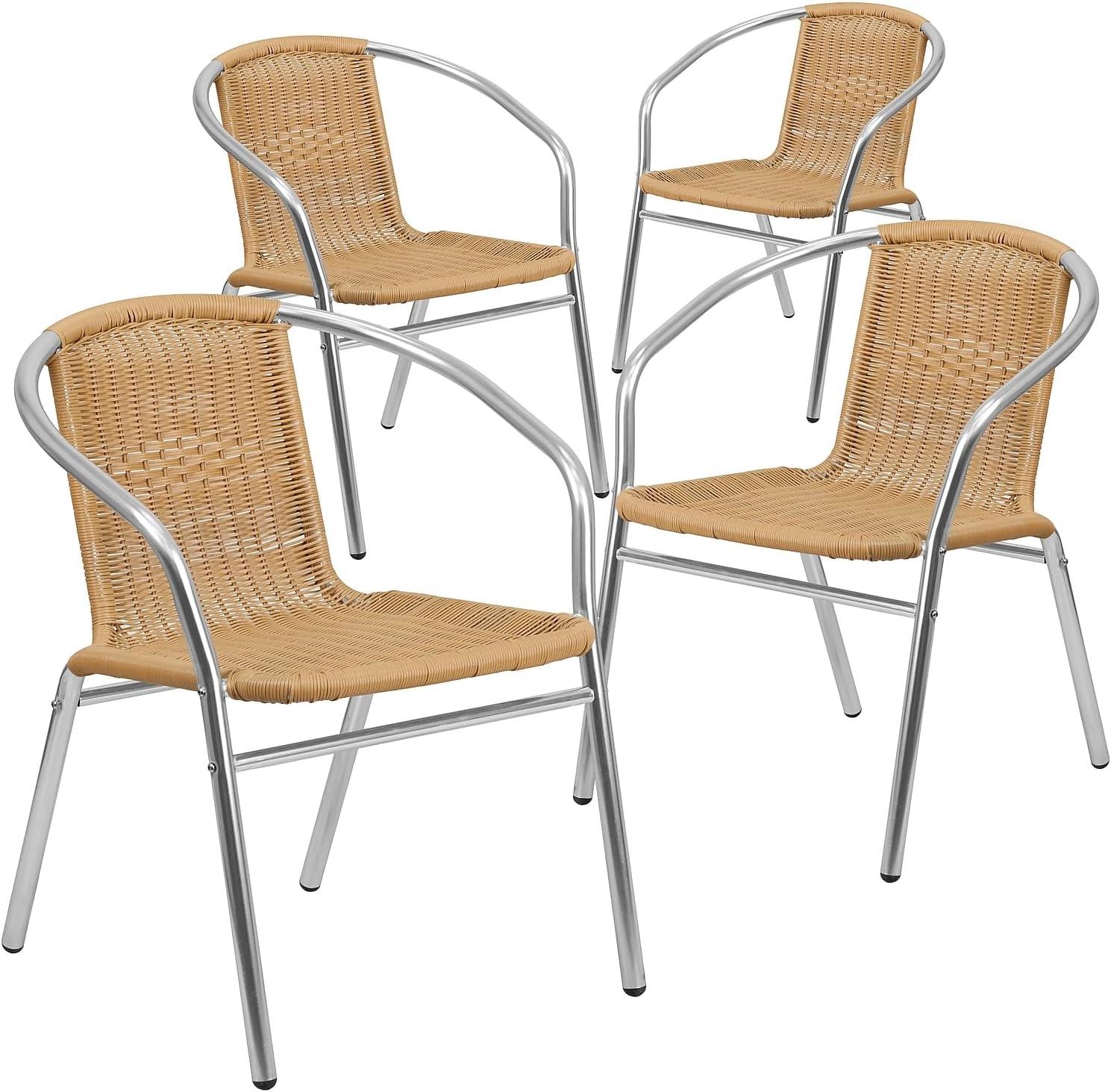 imageFlash Furniture Commercial Aluminum and Black Rattan IndoorOutdoor Restaurant Stack ChairAluminum and Beige