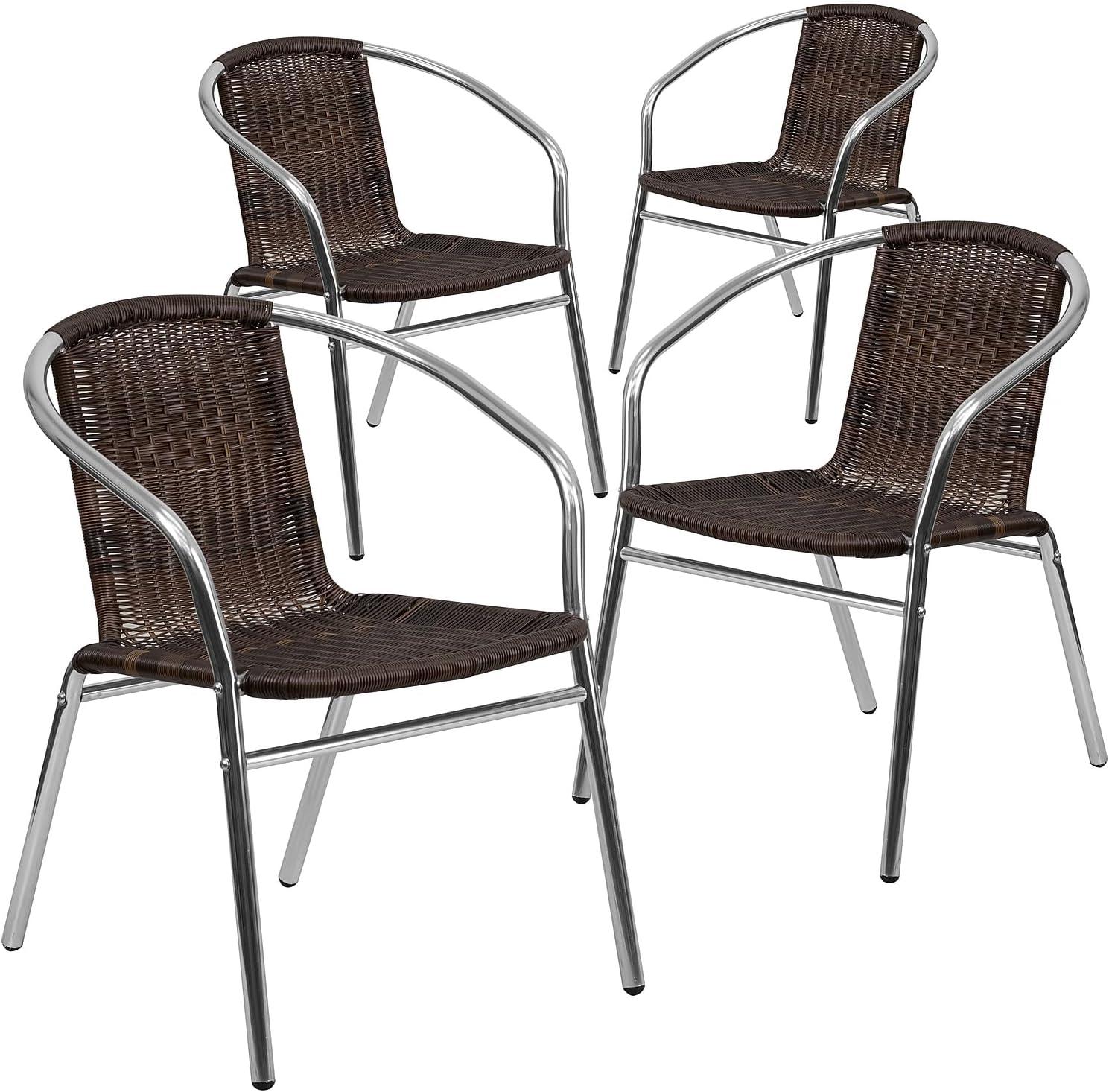 imageFlash Furniture Commercial Aluminum and Black Rattan IndoorOutdoor Restaurant Stack ChairAluminum and Dark Brown