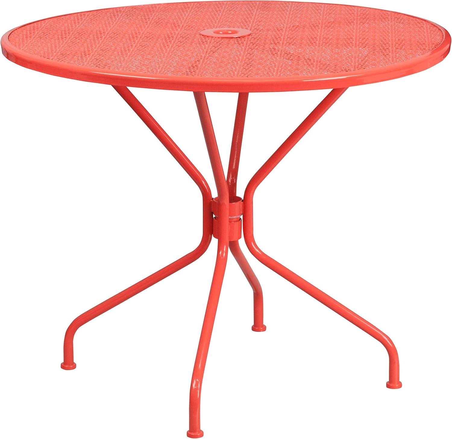 imageFlash Furniture Commercial Grade 3525quot Round Black IndoorOutdoor Steel Patio Table Set with 2 Square Back ChairsCoral