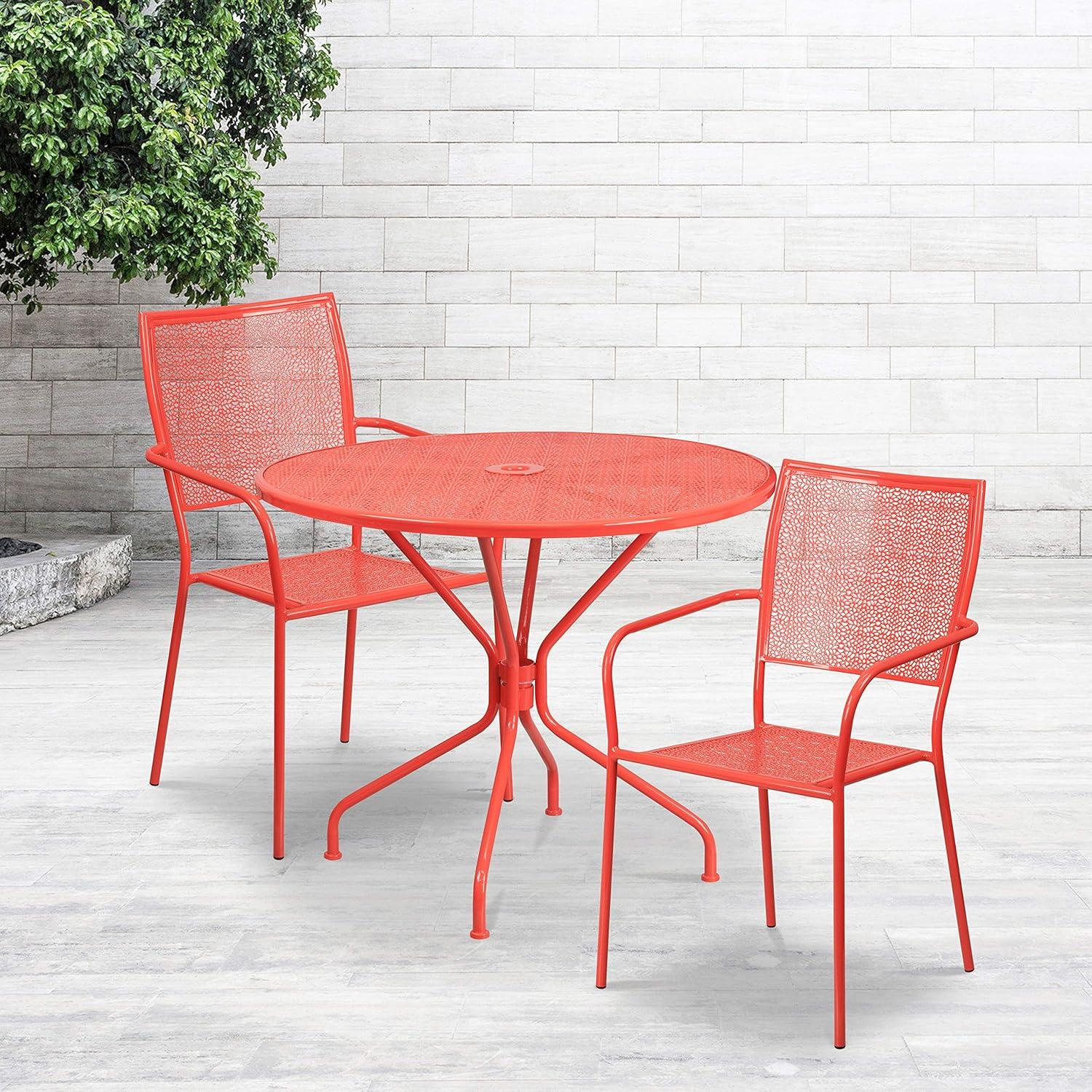 imageFlash Furniture Commercial Grade 3525quot Round Black IndoorOutdoor Steel Patio Table Set with 2 Square Back ChairsCoral