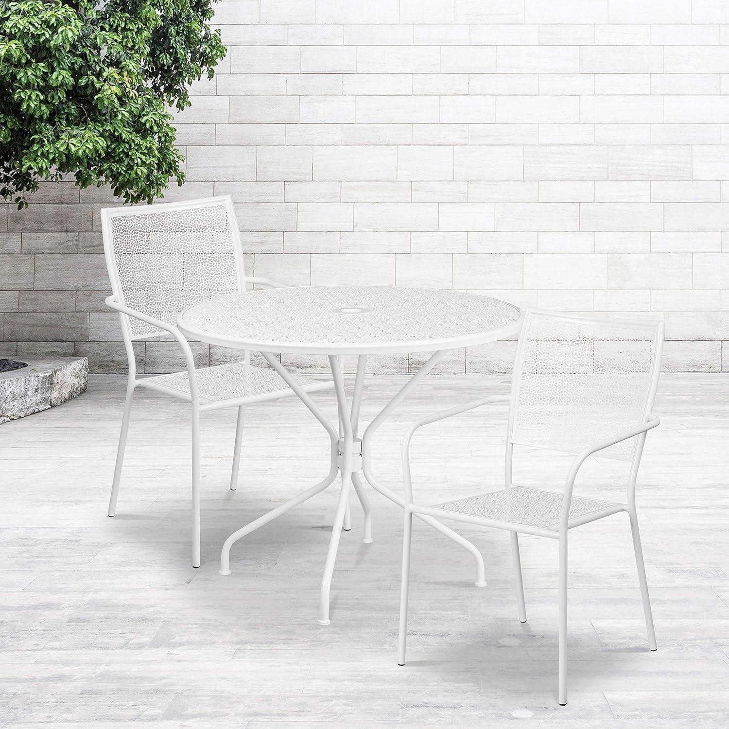 imageFlash Furniture Commercial Grade 3525quot Round Black IndoorOutdoor Steel Patio Table Set with 2 Square Back ChairsWhite
