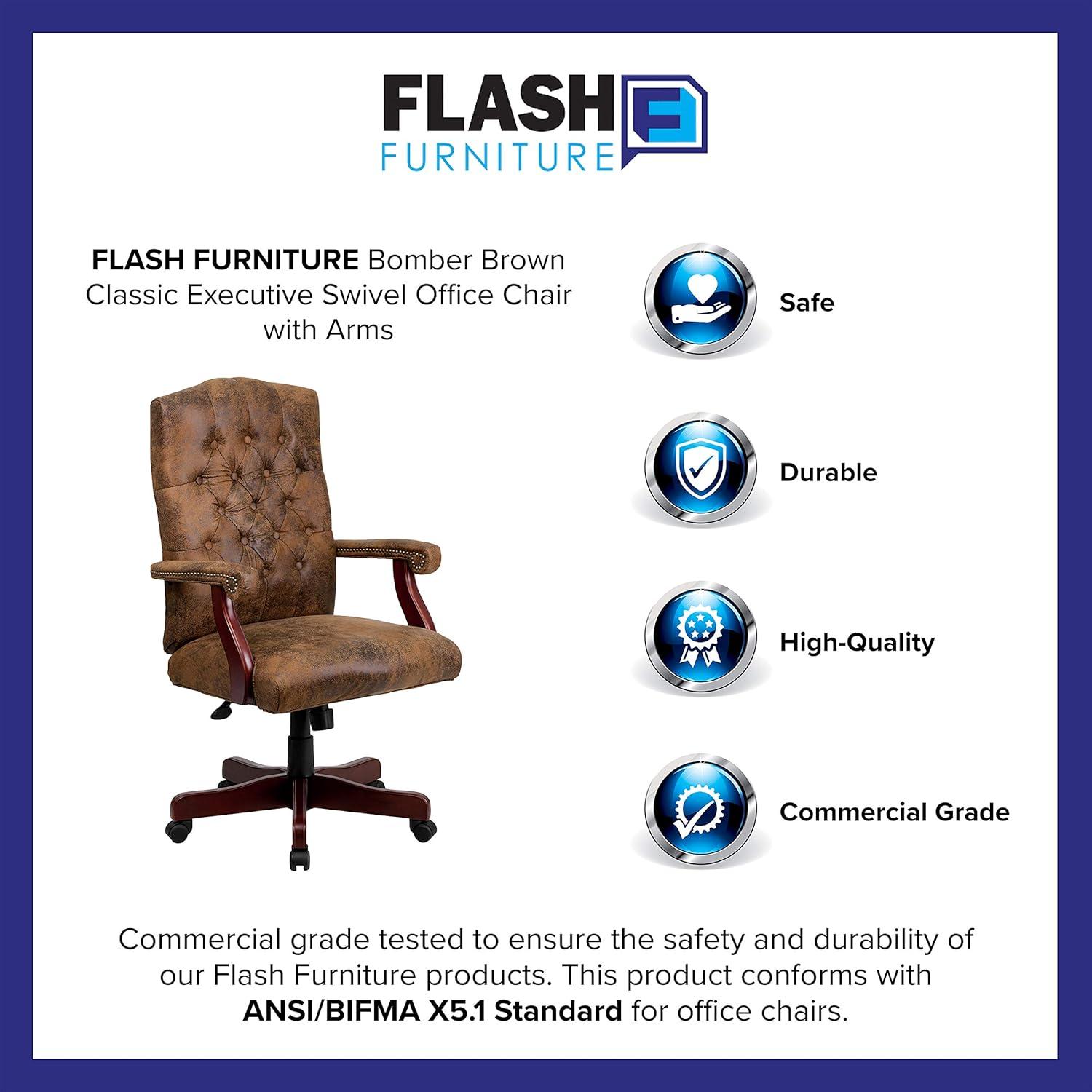imageFlash Furniture Derrick Traditional Microfiber Tufted Swivel Office Chair with Wood Base Ergonomic Farmhouse HighBack Desk Chair IvoryBrownBomber Brown Microfiber