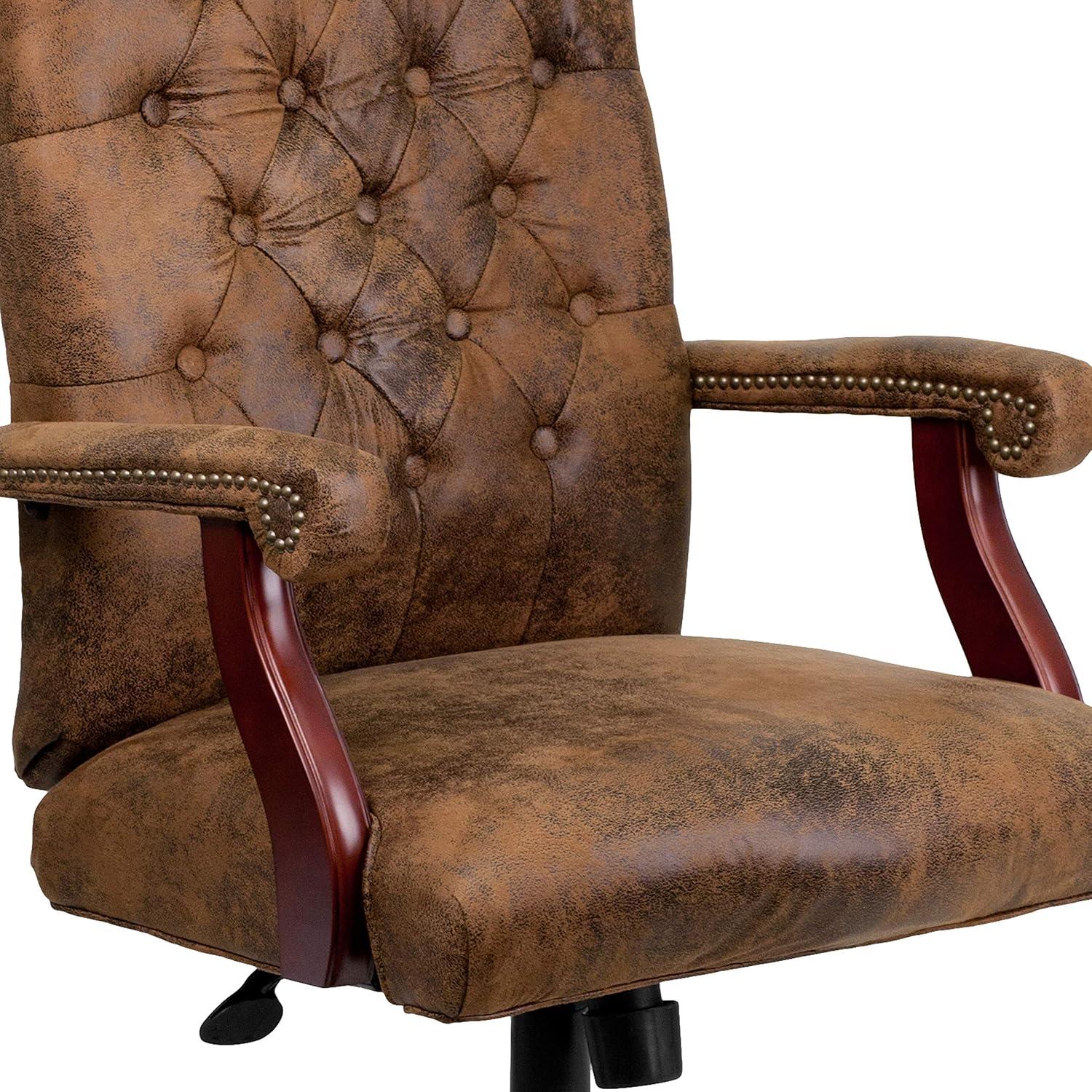 imageFlash Furniture Derrick Traditional Microfiber Tufted Swivel Office Chair with Wood Base Ergonomic Farmhouse HighBack Desk Chair IvoryBrownBomber Brown Microfiber