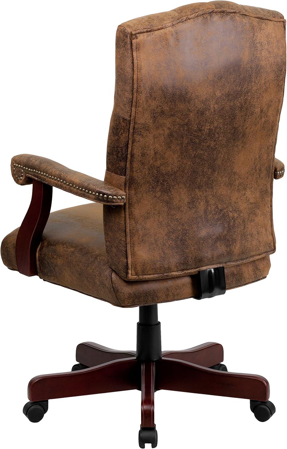 imageFlash Furniture Derrick Traditional Microfiber Tufted Swivel Office Chair with Wood Base Ergonomic Farmhouse HighBack Desk Chair IvoryBrownBomber Brown Microfiber