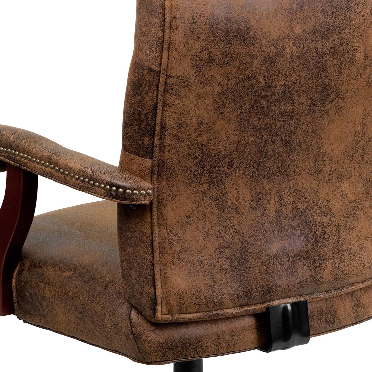 imageFlash Furniture Derrick Traditional Microfiber Tufted Swivel Office Chair with Wood Base Ergonomic Farmhouse HighBack Desk Chair IvoryBrownBomber Brown Microfiber