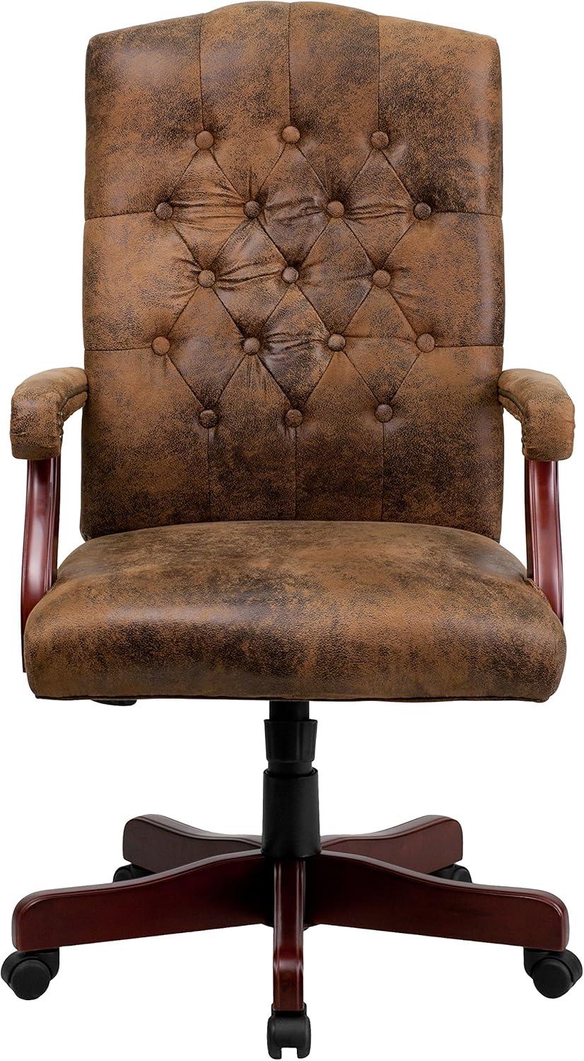 imageFlash Furniture Derrick Traditional Microfiber Tufted Swivel Office Chair with Wood Base Ergonomic Farmhouse HighBack Desk Chair IvoryBrownBomber Brown Microfiber