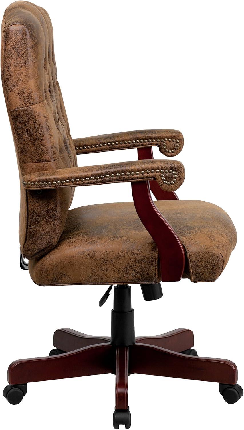 imageFlash Furniture Derrick Traditional Microfiber Tufted Swivel Office Chair with Wood Base Ergonomic Farmhouse HighBack Desk Chair IvoryBrownBomber Brown Microfiber
