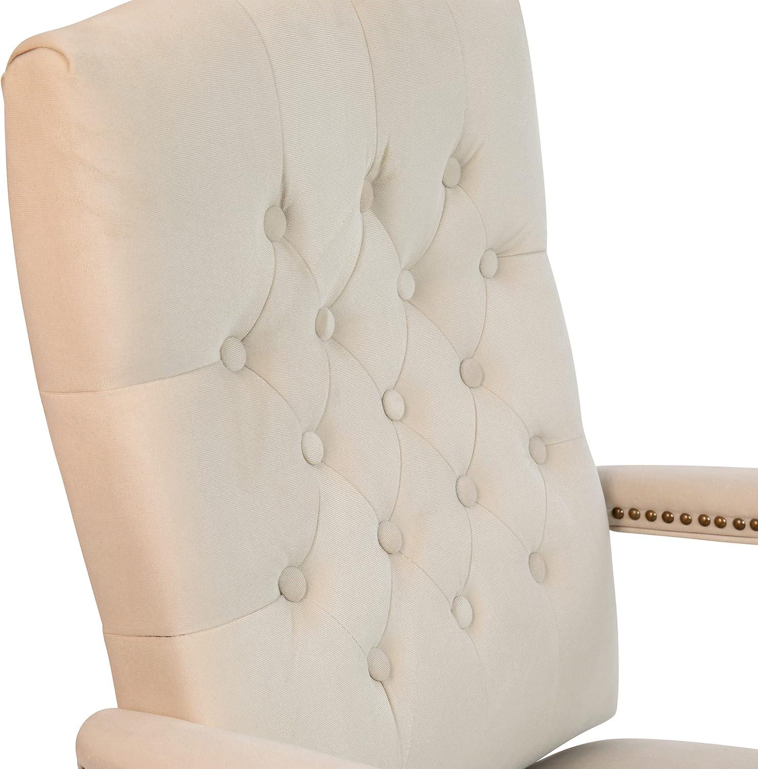 imageFlash Furniture Derrick Traditional Microfiber Tufted Swivel Office Chair with Wood Base Ergonomic Farmhouse HighBack Desk Chair IvoryBrownIvory Microfiber