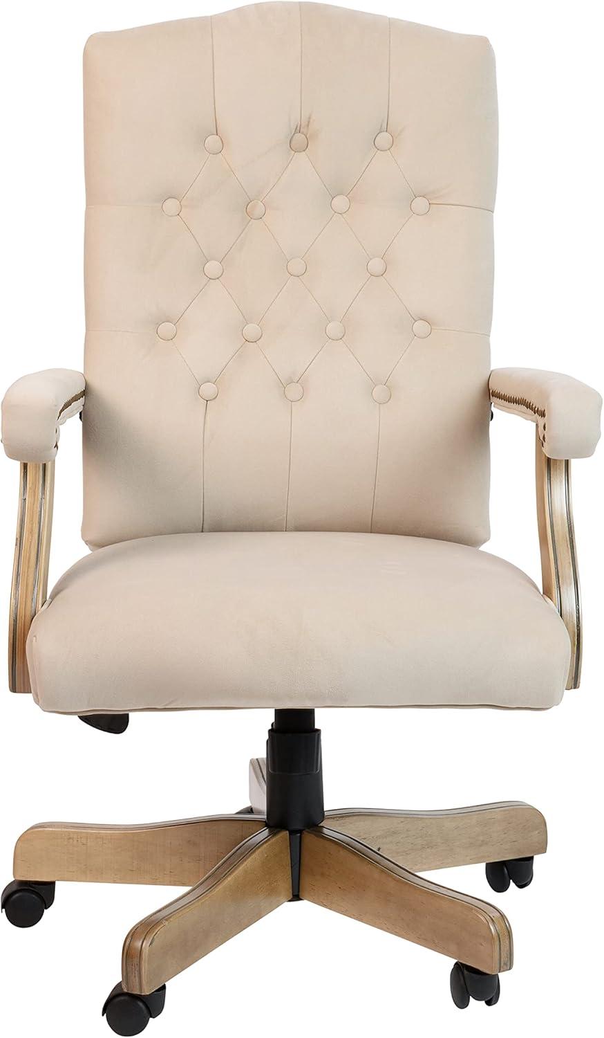 imageFlash Furniture Derrick Traditional Microfiber Tufted Swivel Office Chair with Wood Base Ergonomic Farmhouse HighBack Desk Chair IvoryBrownIvory Microfiber