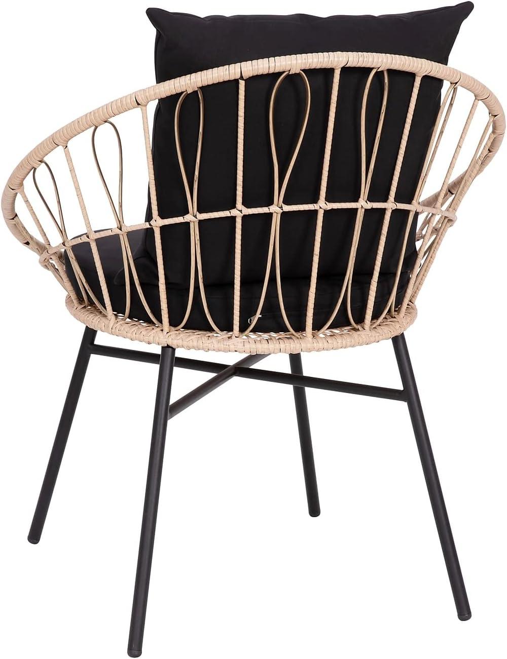 imageFlash Furniture Devon 3Piece IndoorOutdoor Bistro Set Tan Finish Rattan Rope Papasan Style Chairs and Glass Top Side Table Black Back and Seat Cushions