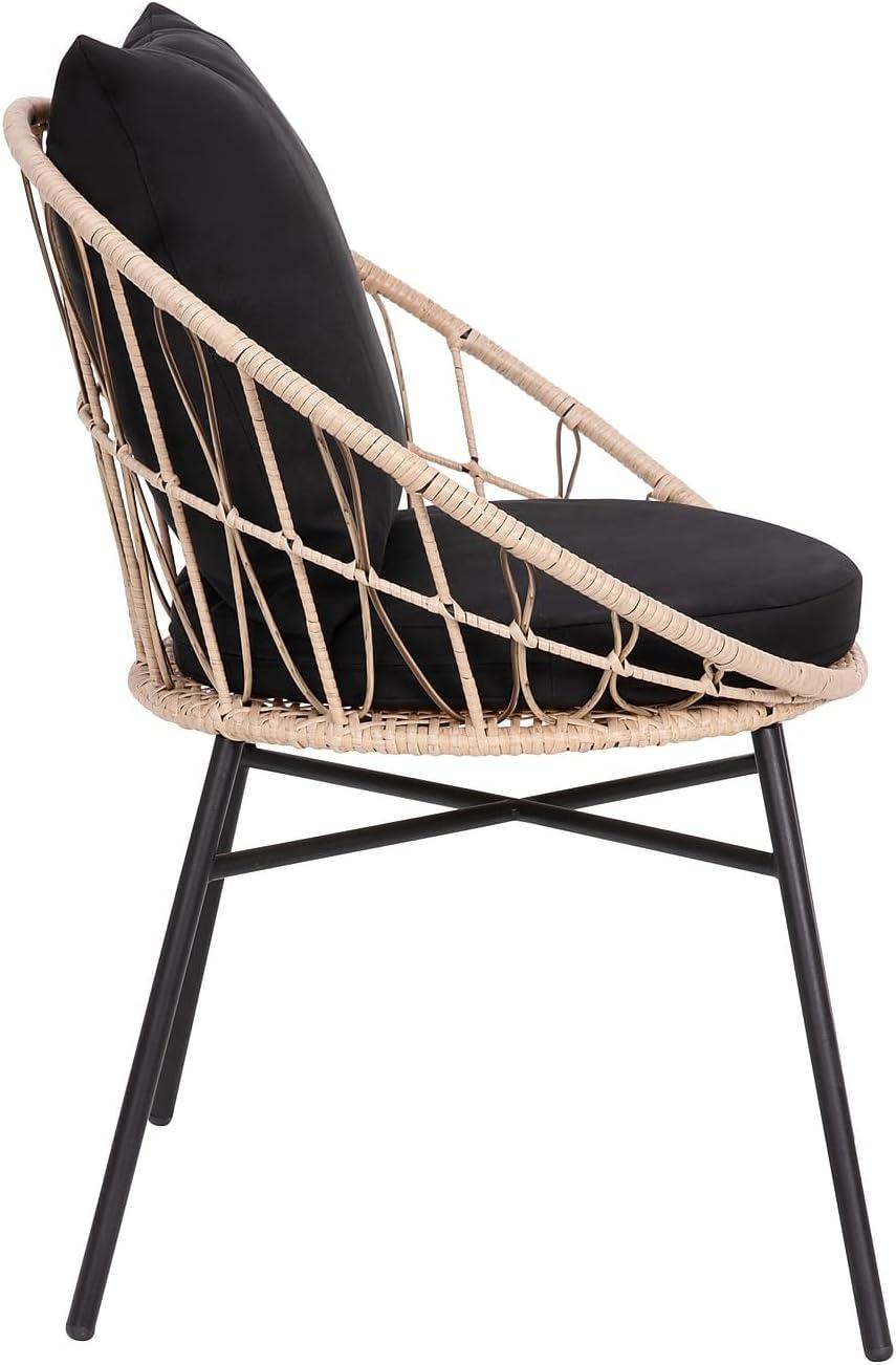imageFlash Furniture Devon 3Piece IndoorOutdoor Bistro Set Tan Finish Rattan Rope Papasan Style Chairs and Glass Top Side Table Black Back and Seat Cushions