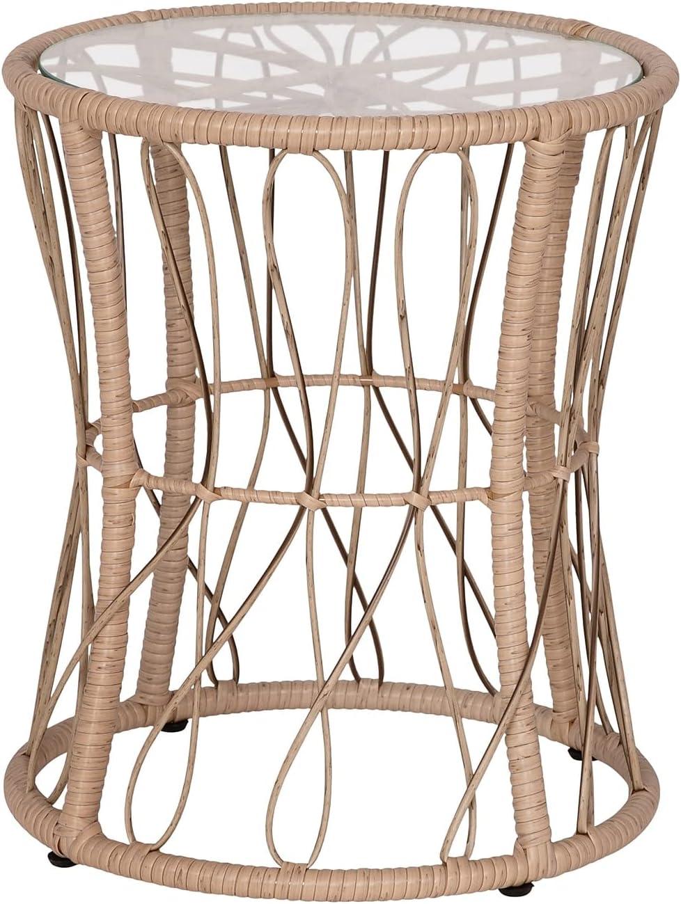 imageFlash Furniture Devon 3Piece IndoorOutdoor Bistro Set Tan Finish Rattan Rope Papasan Style Chairs and Glass Top Side Table Black Back and Seat Cushions