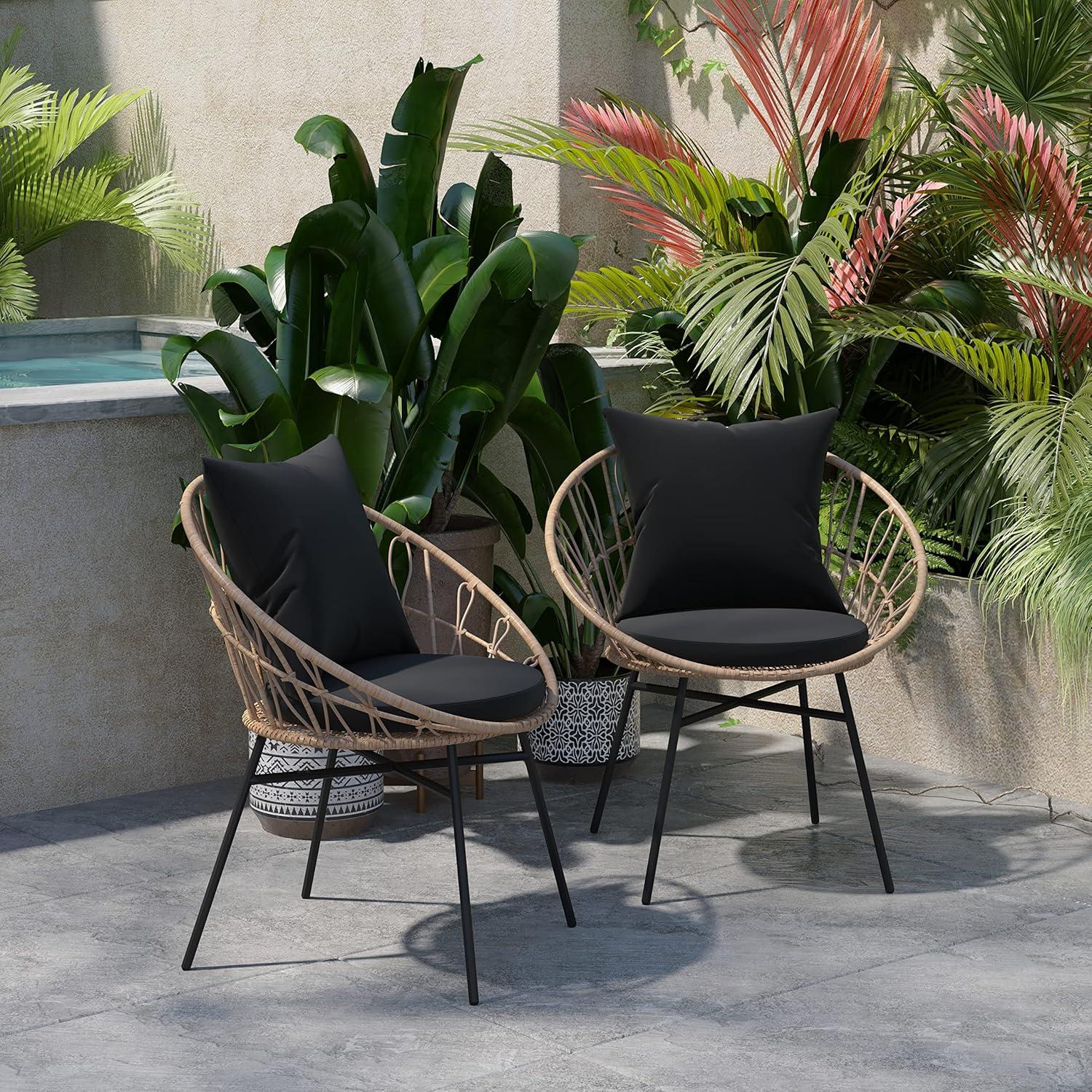 imageFlash Furniture Devon Set of 2 Modern Boho Rattan Rope Chairs WeatherResistant Tan Finish Rattan with Black Back and Seat Cushions IndoorOutdoorTanBlack