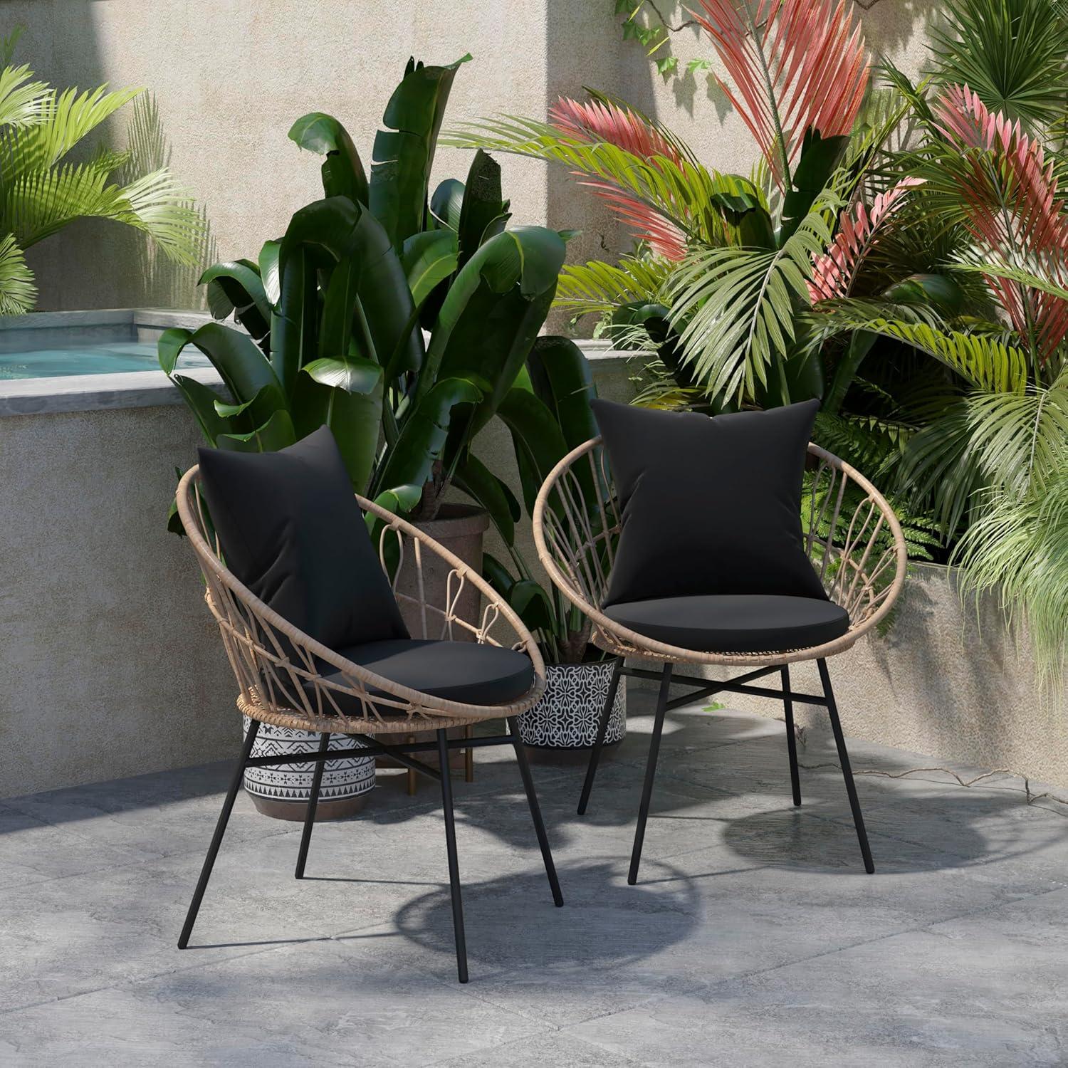 imageFlash Furniture Devon Set of 2 Modern Boho Rattan Rope Chairs WeatherResistant Tan Finish Rattan with Black Back and Seat Cushions IndoorOutdoorTanBlack