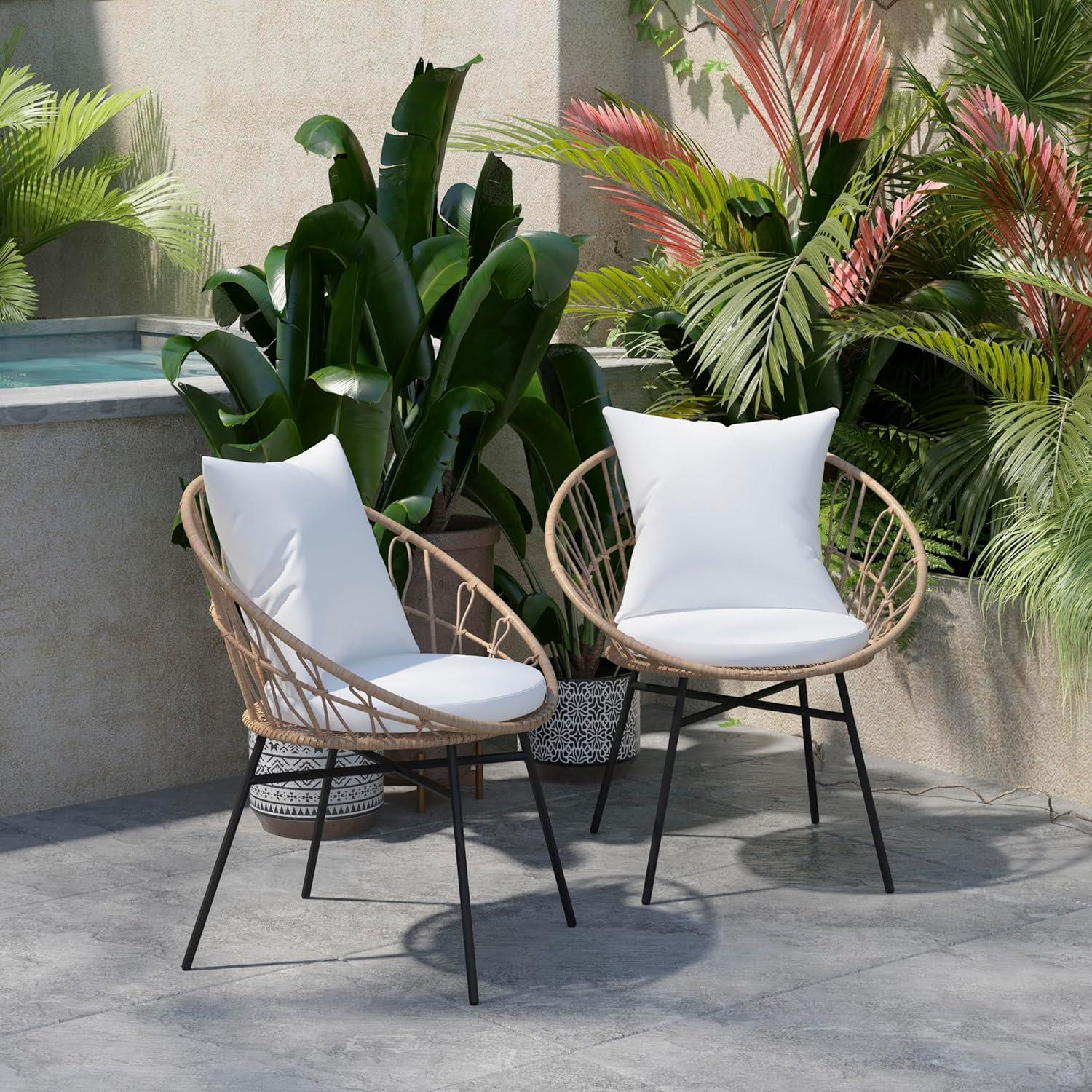 imageFlash Furniture Devon Set of 2 Modern Boho Rattan Rope Chairs WeatherResistant Tan Finish Rattan with Black Back and Seat Cushions IndoorOutdoorTanLight Gray