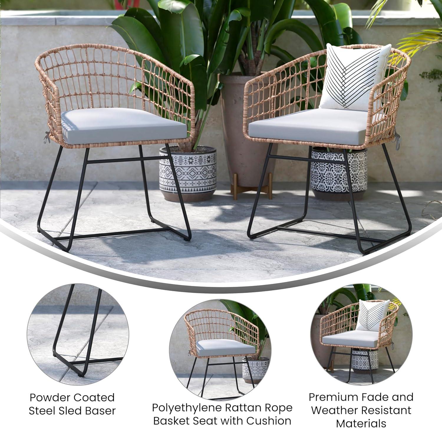 imageFlash Furniture Devon Set of 2 Patio Boho Club Chairs Rope with Natural Finish PE Wicker Rattan Light Gray Seat Cushions and Sled Base IndoorOutdoor Use