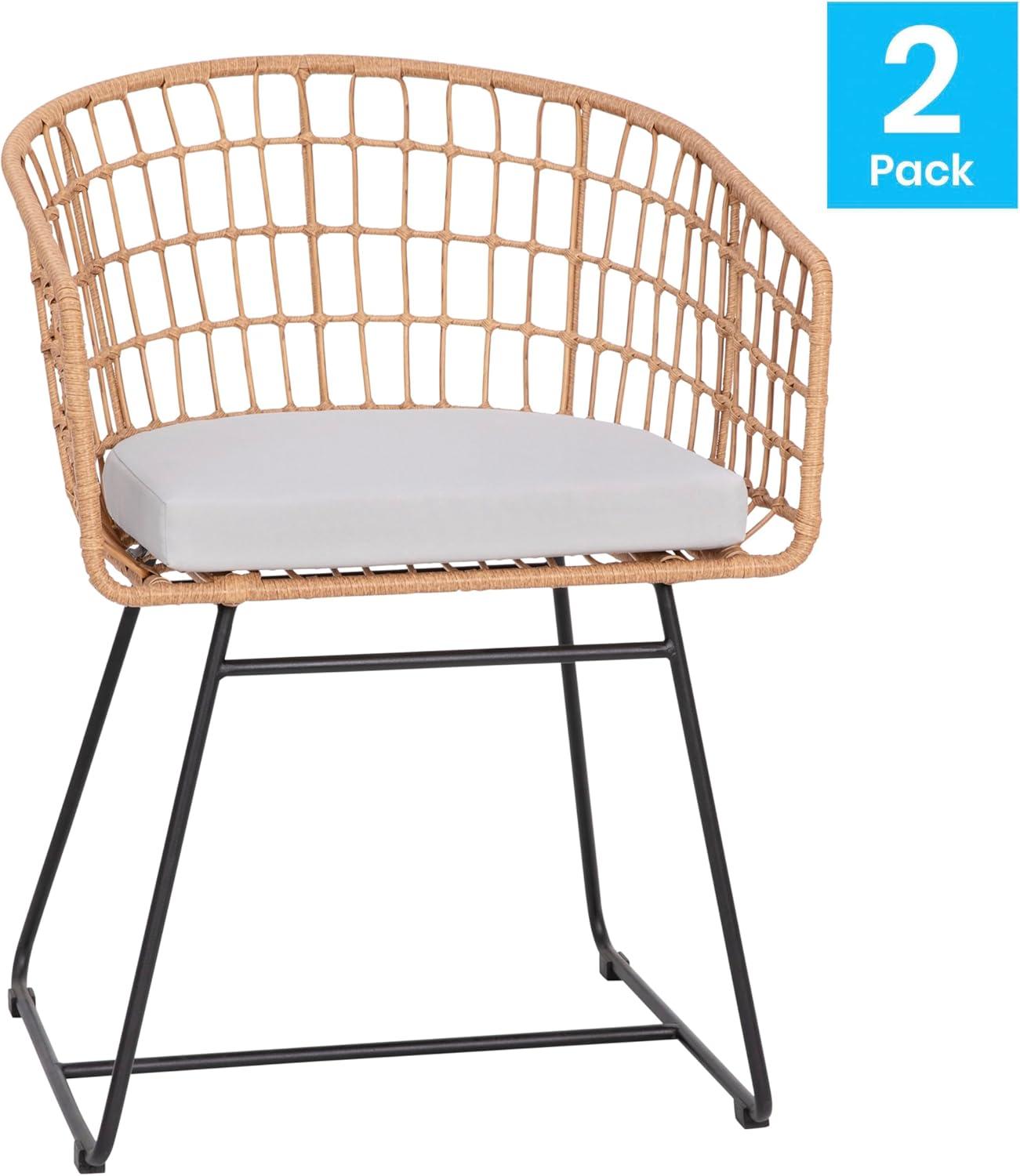 imageFlash Furniture Devon Set of 2 Patio Boho Club Chairs Rope with Natural Finish PE Wicker Rattan Light Gray Seat Cushions and Sled Base IndoorOutdoor Use
