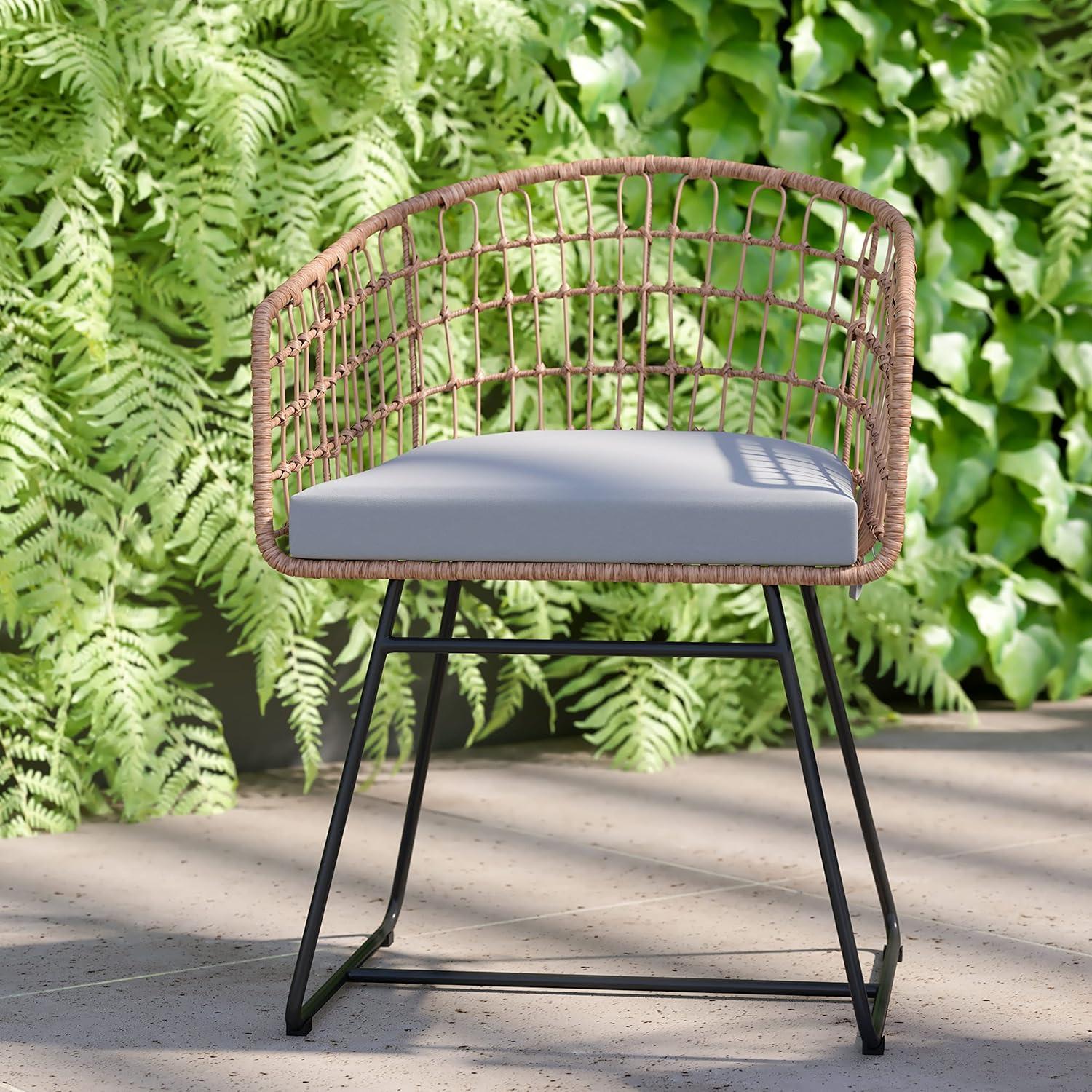 imageFlash Furniture Devon Set of 2 Patio Boho Club Chairs Rope with Natural Finish PE Wicker Rattan Light Gray Seat Cushions and Sled Base IndoorOutdoor Use
