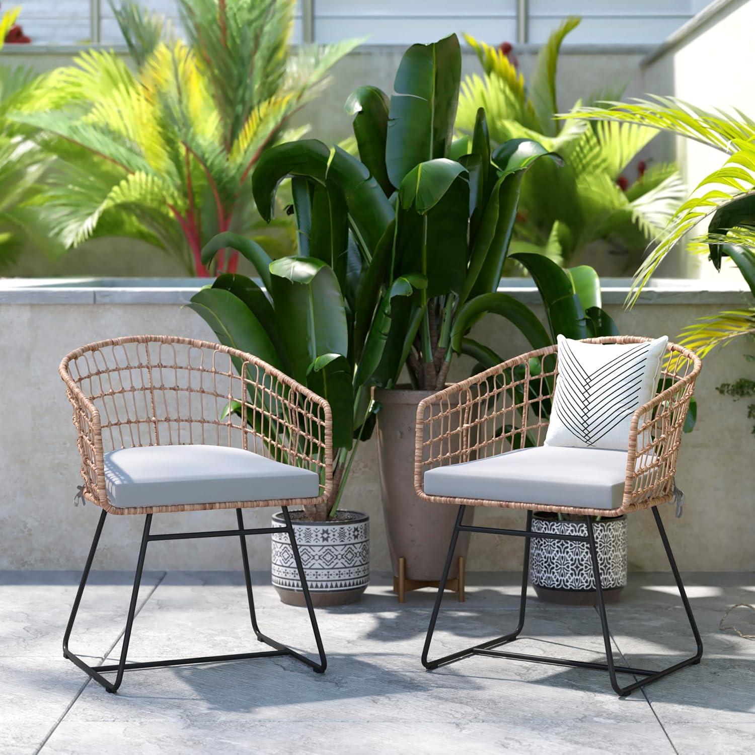 imageFlash Furniture Devon Set of 2 Patio Boho Club Chairs Rope with Natural Finish PE Wicker Rattan Light Gray Seat Cushions and Sled Base IndoorOutdoor Use