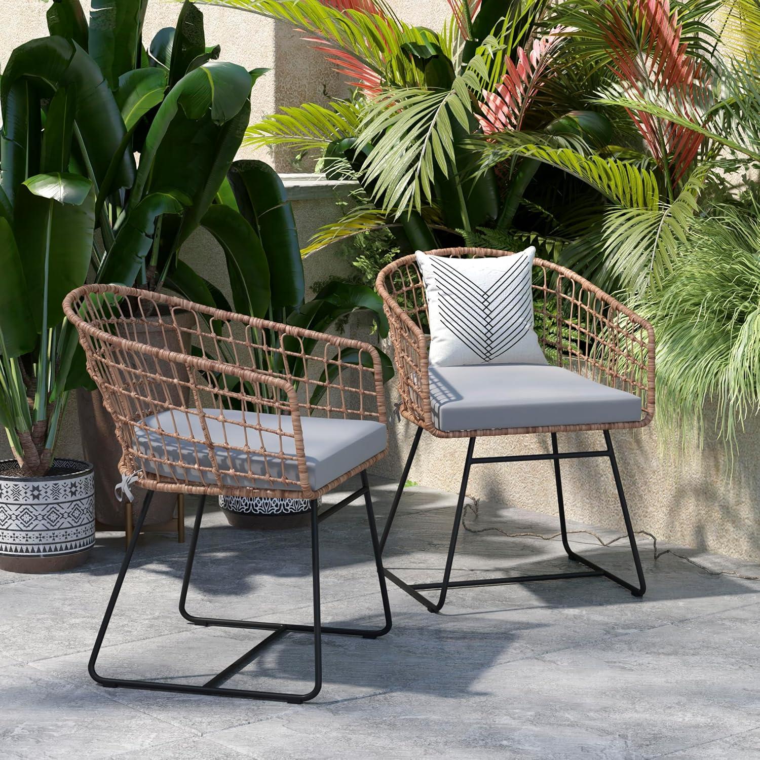 imageFlash Furniture Devon Set of 2 Patio Boho Club Chairs Rope with Natural Finish PE Wicker Rattan Light Gray Seat Cushions and Sled Base IndoorOutdoor Use
