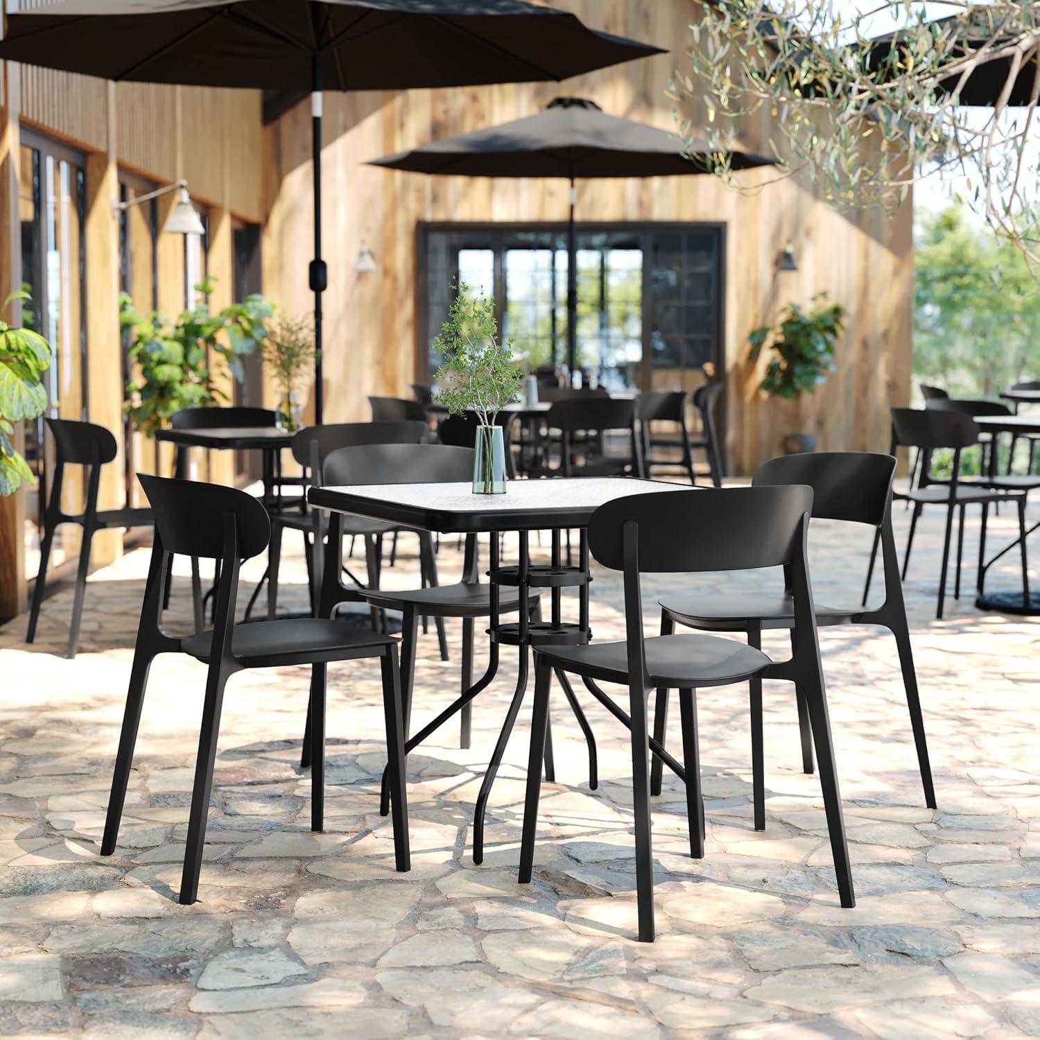 imageFlash Furniture Dover Patio Chair with Curved Backrest and Contoured Seat Commercial AllWeather Stacking Resin Chair UV Resistant IndoorOutdoor Black Set of 2Black