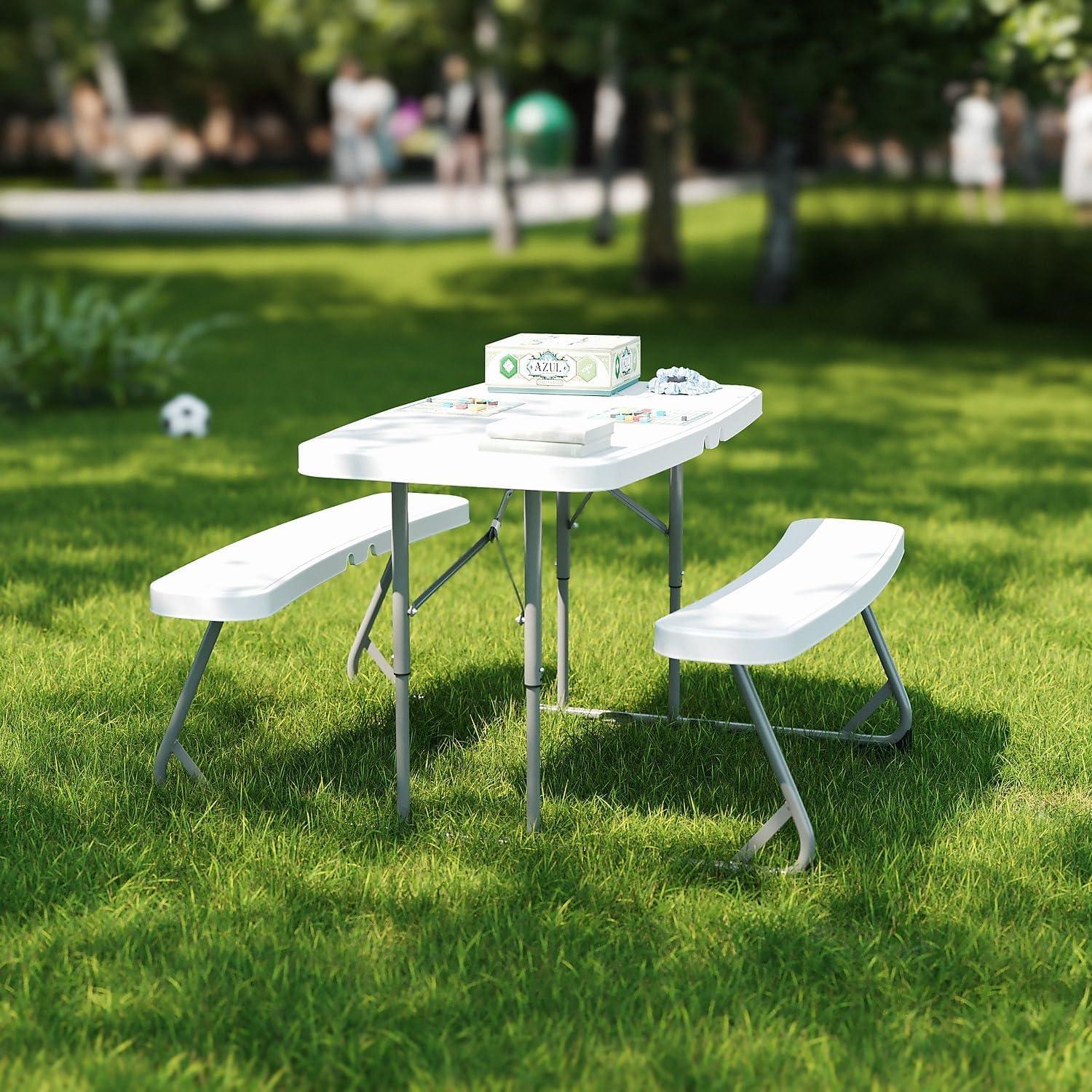 imageFlash Furniture Easy Folding Plastic Kids Outdoor Picnic Table and BenchesCommercial GradeRecommended for up to Age 5 Set of 1 GreyWhite