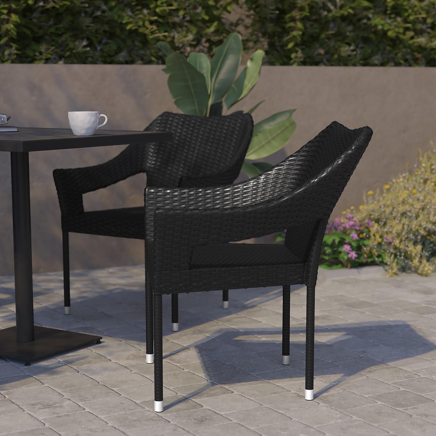 imageFlash Furniture Ethan Commercial Grade Patio Chair All Weather PE Rattan Wicker Stacking Patio Dining Chair Set of 2 GrayBlack