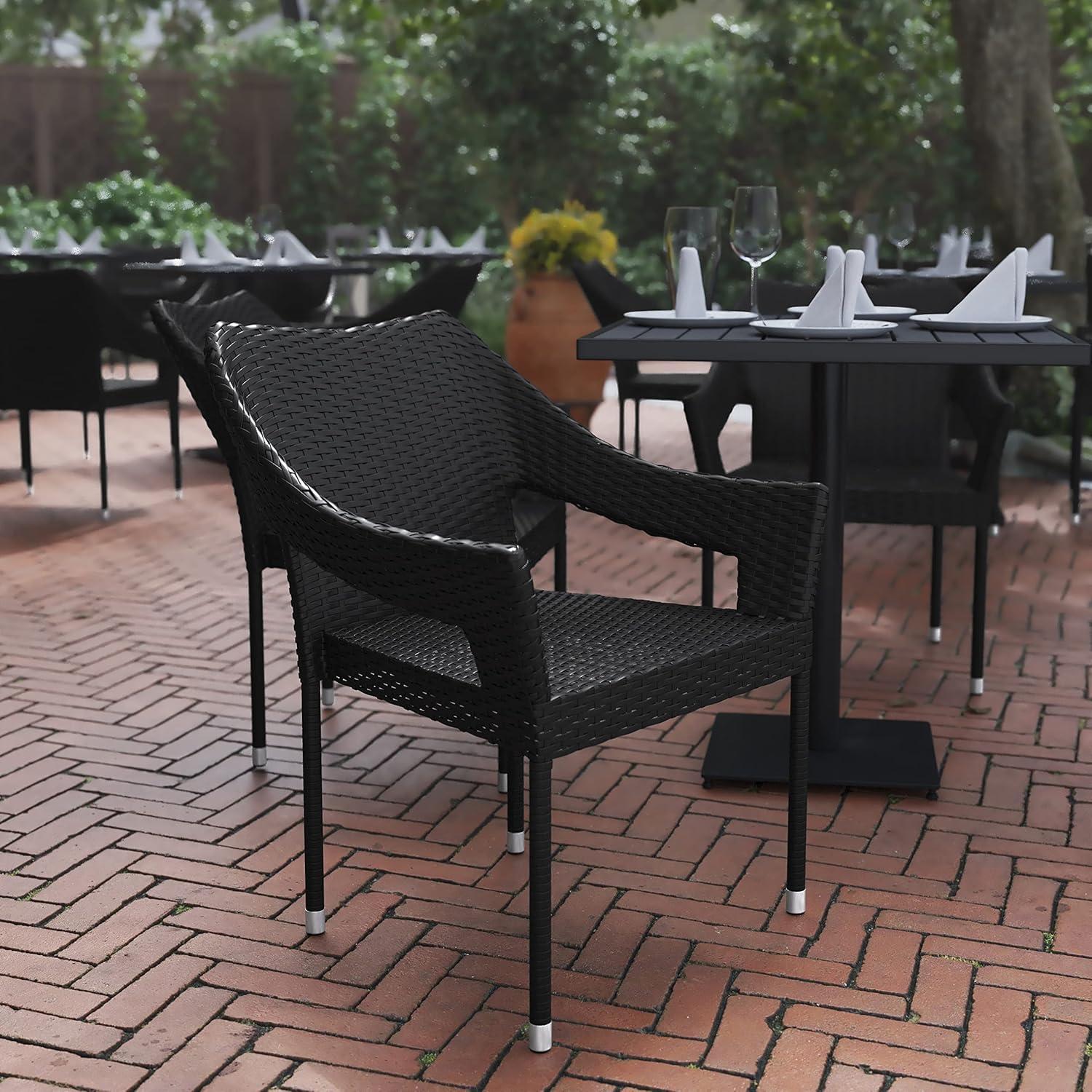 imageFlash Furniture Ethan Commercial Grade Patio Chair All Weather PE Rattan Wicker Stacking Patio Dining Chair Set of 2 GrayBlack