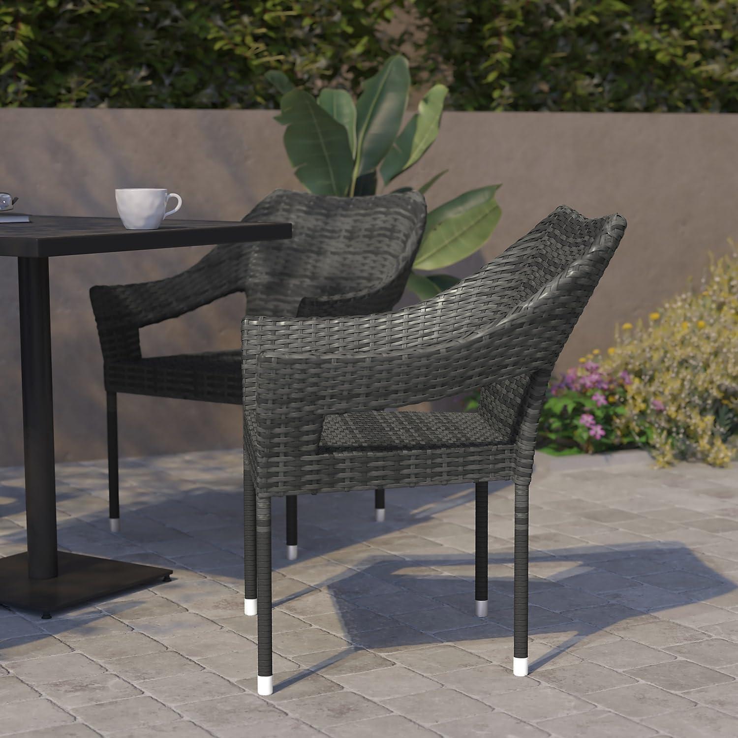imageFlash Furniture Ethan Commercial Grade Patio Chair All Weather PE Rattan Wicker Stacking Patio Dining Chair Set of 2 GrayGrey