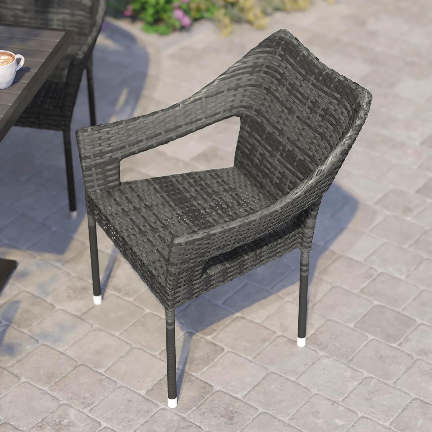 imageFlash Furniture Ethan Commercial Grade Patio Chair All Weather PE Rattan Wicker Stacking Patio Dining Chair Set of 2 GrayGrey