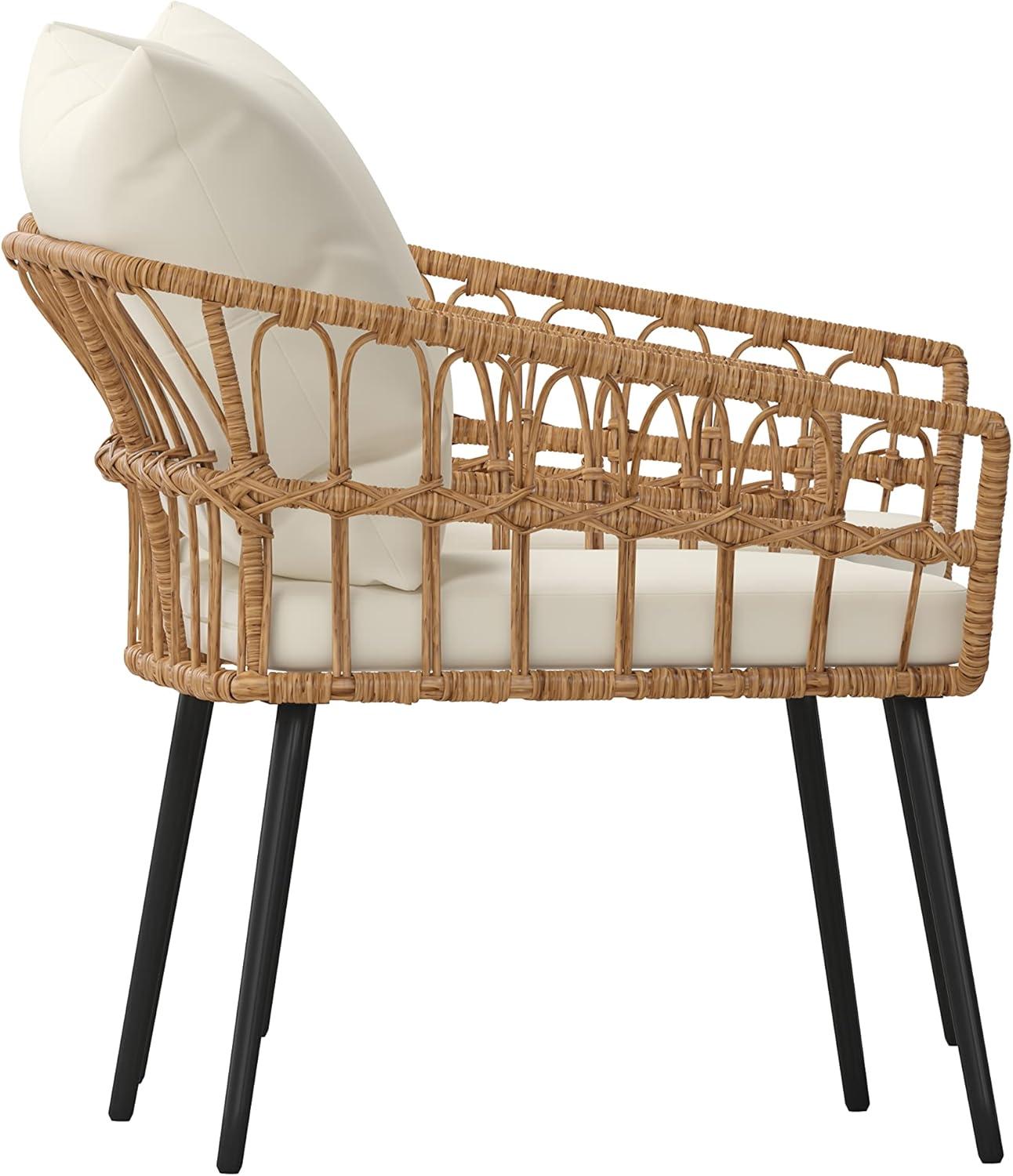 imageFlash Furniture Evin Set of 2 Boho IndoorOutdoor Patio Chairs Natural Finish Faux Rattan Wicker Cream AllWeather Cushions Integrated Armrests