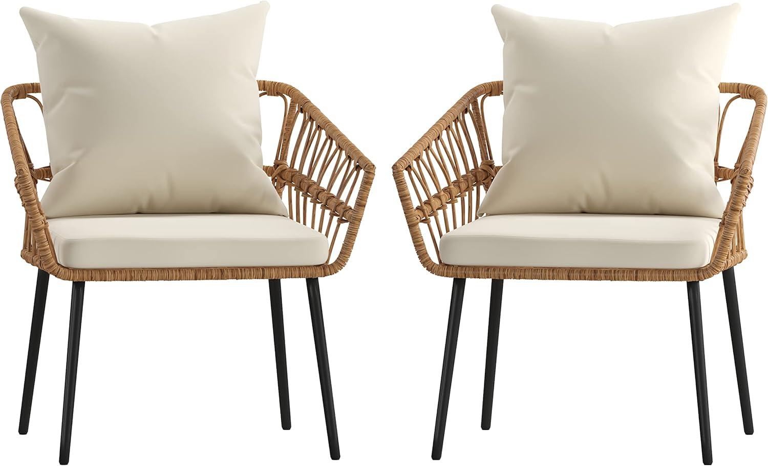 imageFlash Furniture Evin Set of 2 Boho IndoorOutdoor Patio Chairs Natural Finish Faux Rattan Wicker Cream AllWeather Cushions Integrated Armrests