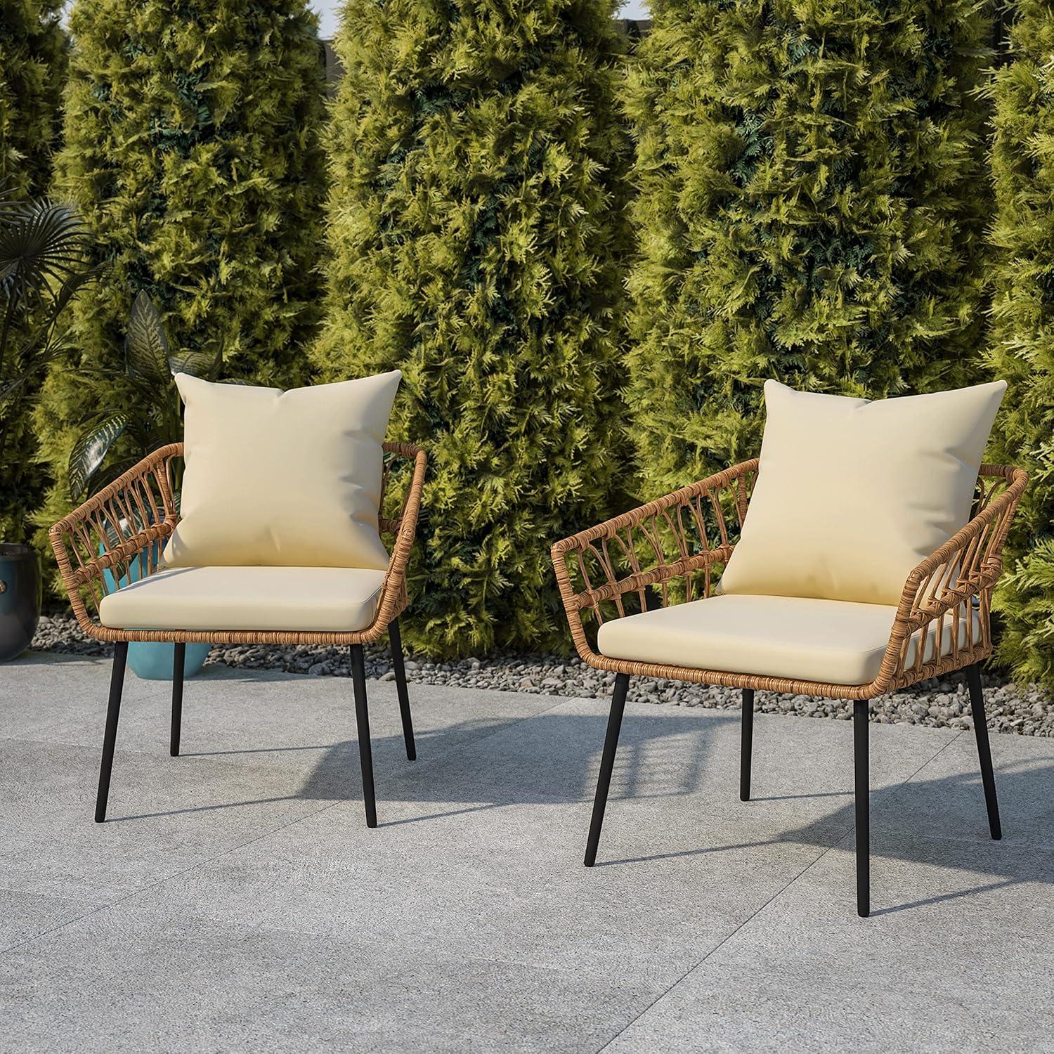 imageFlash Furniture Evin Set of 2 Boho IndoorOutdoor Patio Chairs Natural Finish Faux Rattan Wicker Cream AllWeather Cushions Integrated Armrests