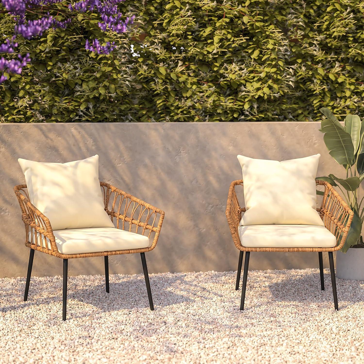 imageFlash Furniture Evin Set of 2 Boho IndoorOutdoor Patio Chairs Natural Finish Faux Rattan Wicker Cream AllWeather Cushions Integrated Armrests