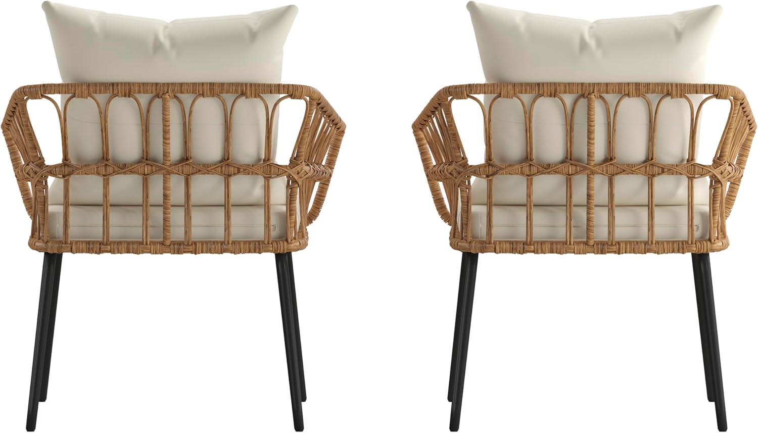 imageFlash Furniture Evin Set of 2 Boho IndoorOutdoor Patio Chairs Natural Finish Faux Rattan Wicker Cream AllWeather Cushions Integrated Armrests