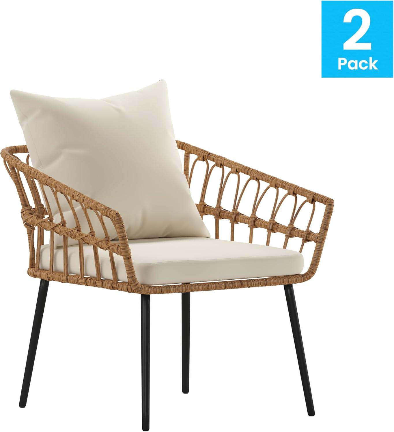 imageFlash Furniture Evin Set of 2 Boho IndoorOutdoor Patio Chairs Natural Finish Faux Rattan Wicker Cream AllWeather Cushions Integrated Armrests