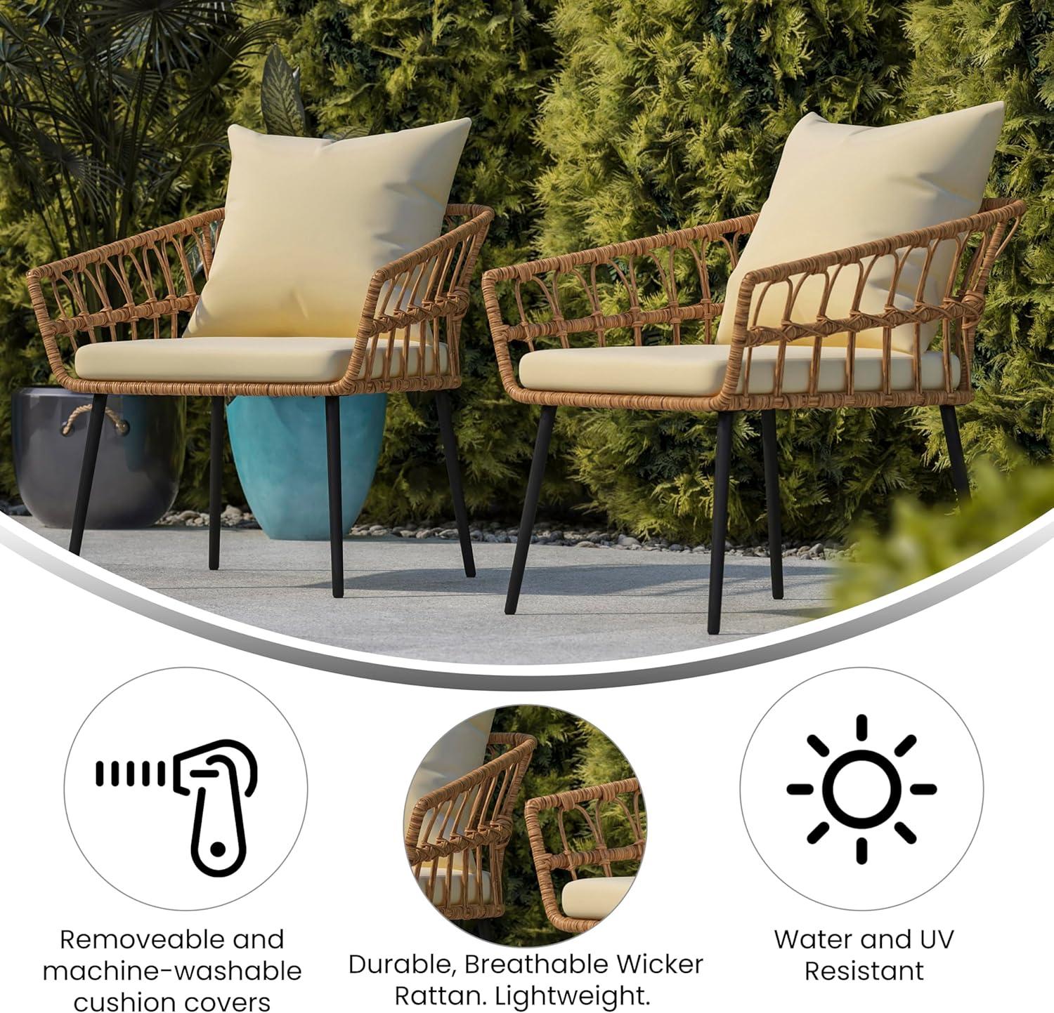 imageFlash Furniture Evin Set of 2 Boho IndoorOutdoor Patio Chairs Natural Finish Faux Rattan Wicker Cream AllWeather Cushions Integrated Armrests