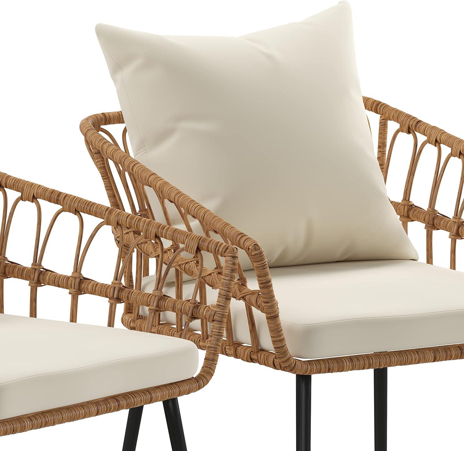 imageFlash Furniture Evin Set of 2 Boho IndoorOutdoor Patio Chairs Natural Finish Faux Rattan Wicker Cream AllWeather Cushions Integrated Armrests
