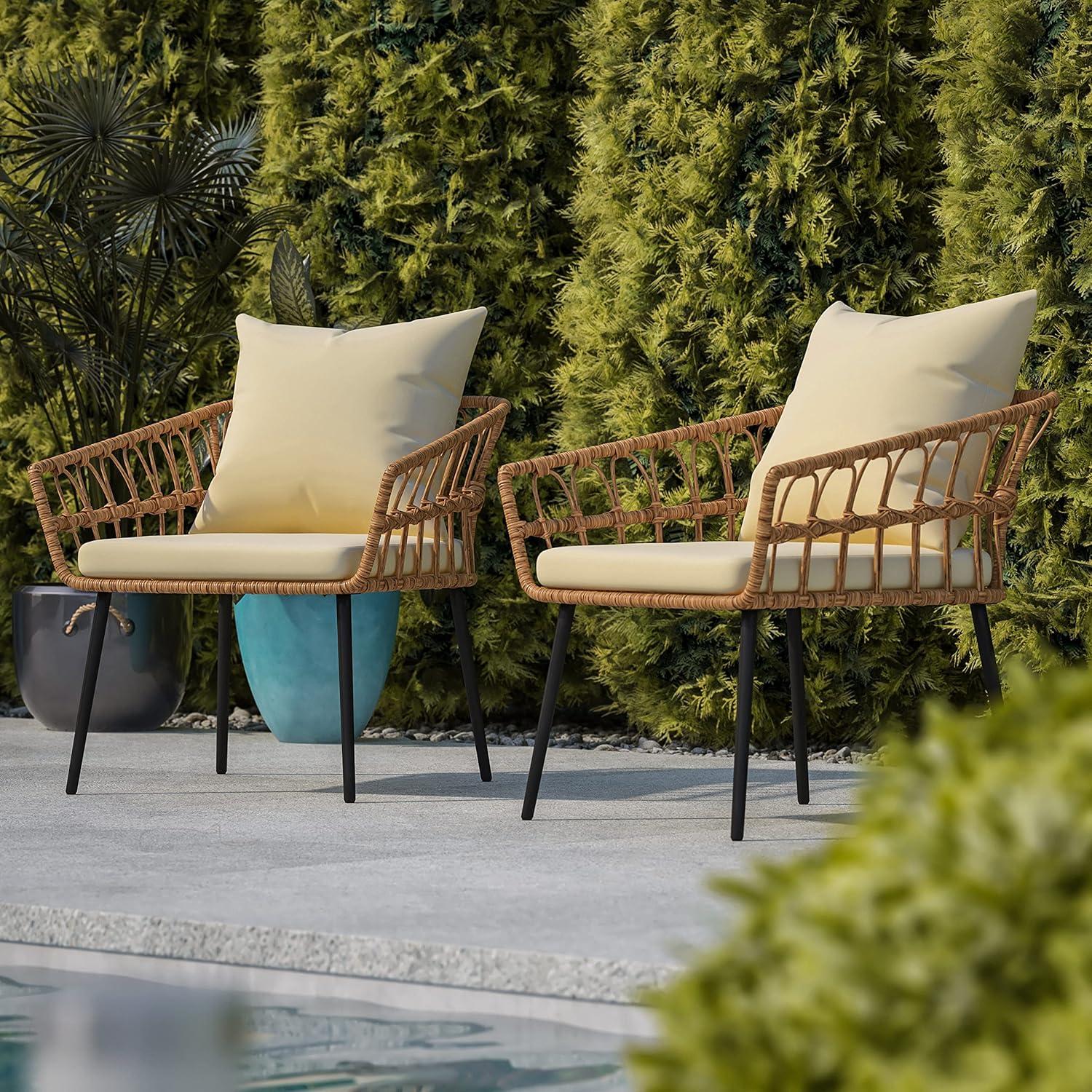 imageFlash Furniture Evin Set of 2 Boho IndoorOutdoor Patio Chairs Natural Finish Faux Rattan Wicker Cream AllWeather Cushions Integrated Armrests