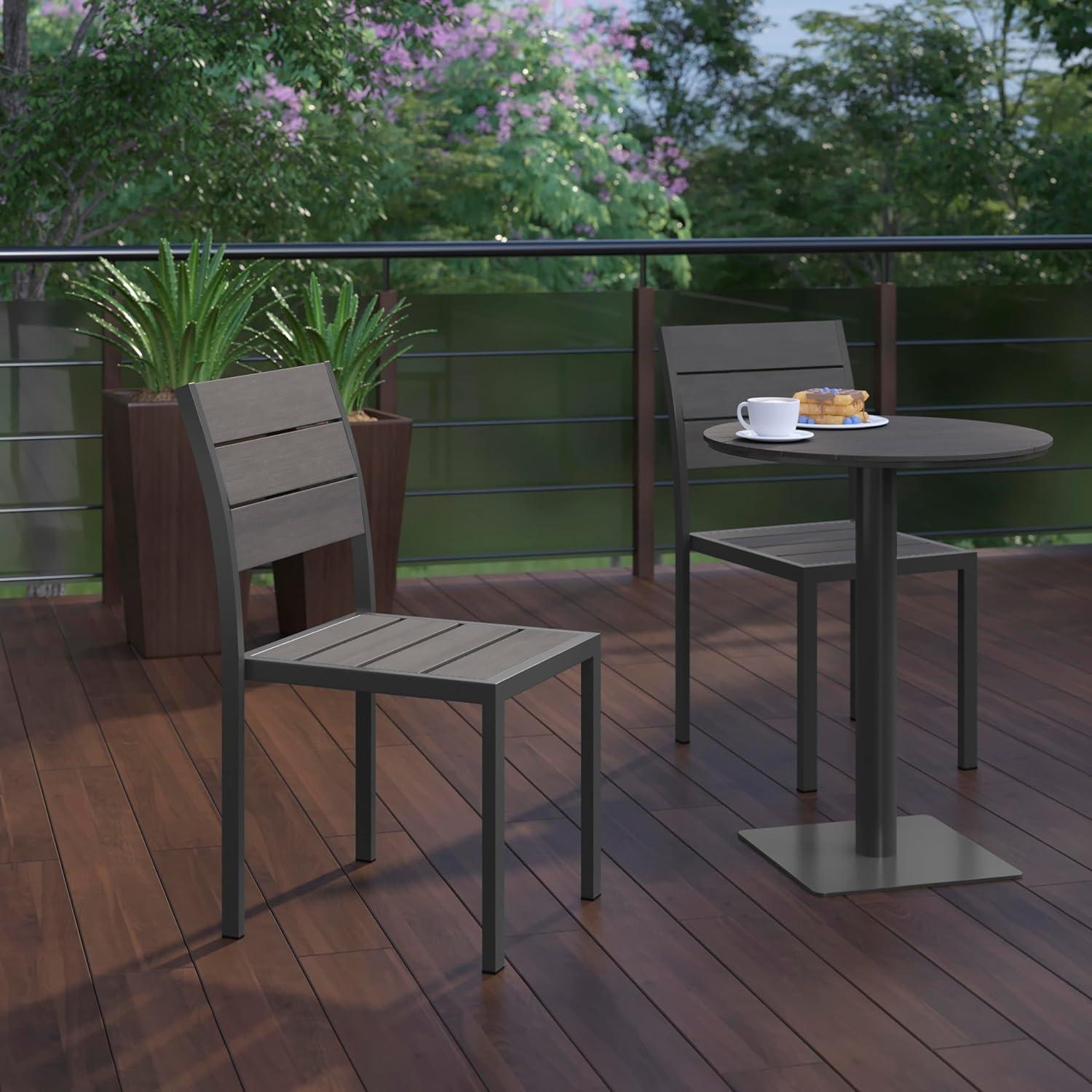 imageFlash Furniture Finch Commercial Grade Armless Patio Chair Stackable Side Chair with Faux Teak Poly Slats and Metal Frame GrayGrayGrey