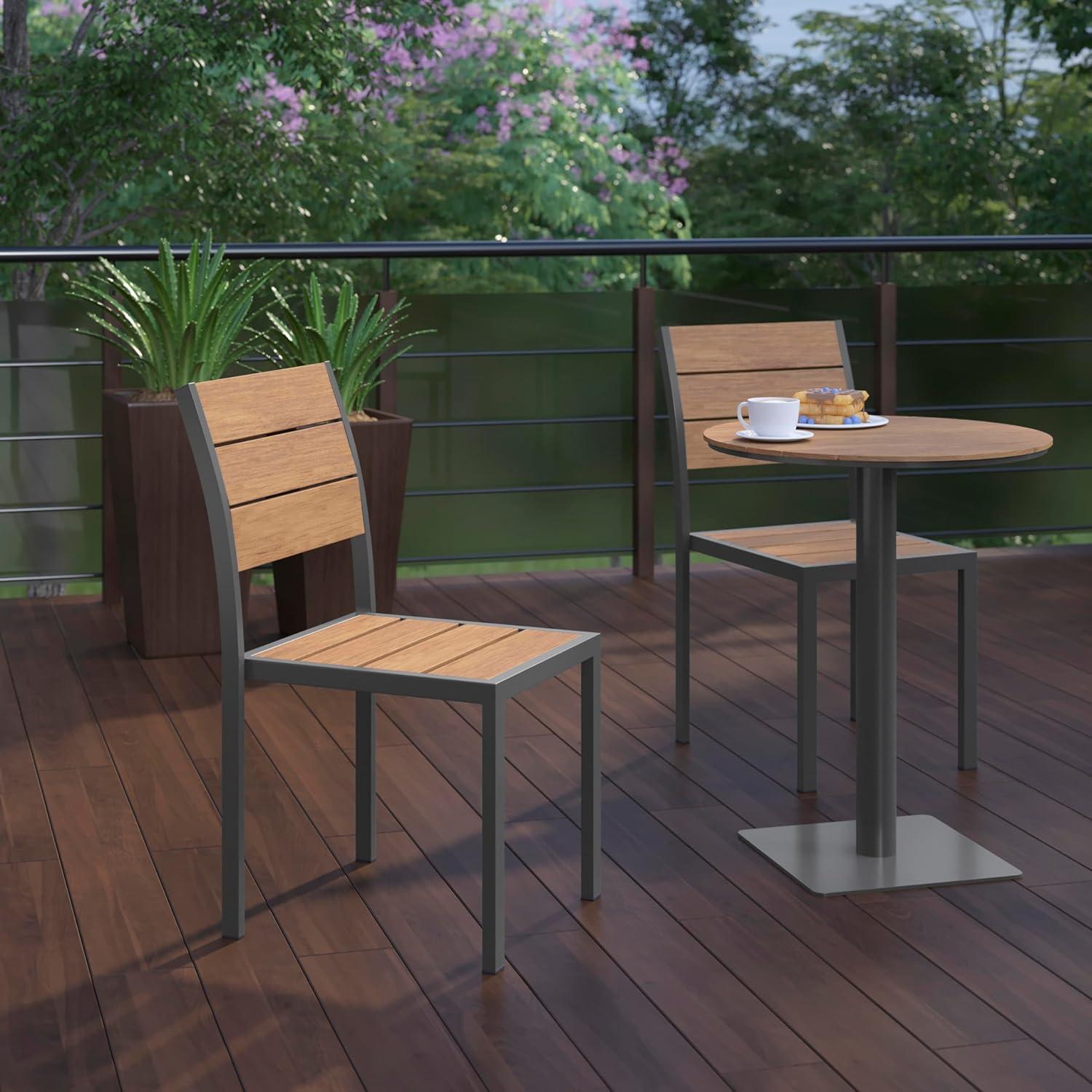 imageFlash Furniture Finch Commercial Grade Armless Patio Chair Stackable Side Chair with Faux Teak Poly Slats and Metal Frame GrayGrayNatural