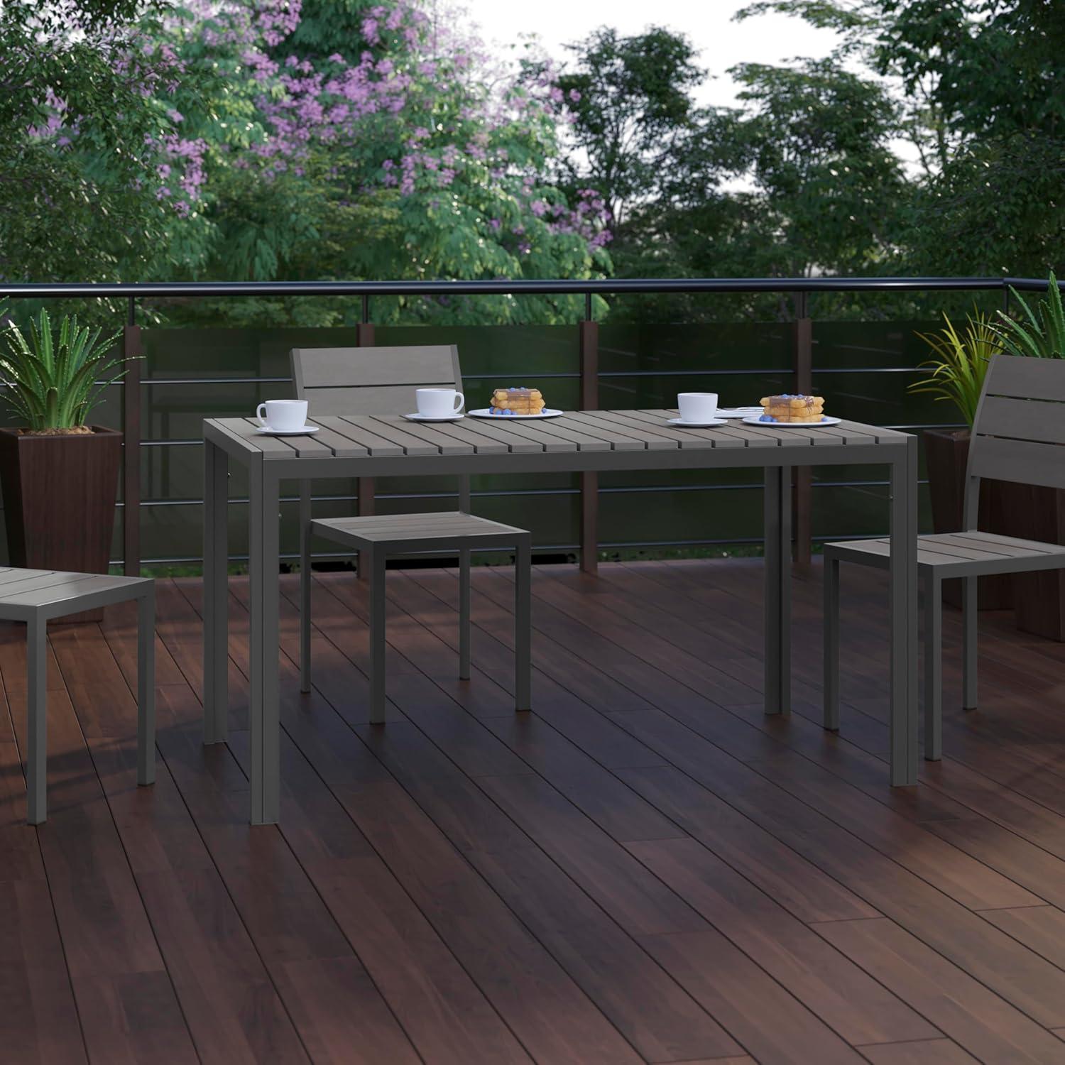 imageFlash Furniture Finch Commercial Grade Outdoor Dining Table 55quot x 31quot with Faux Teak Poly Slats and Metal Frame NaturalGrayGray TopGray Frame