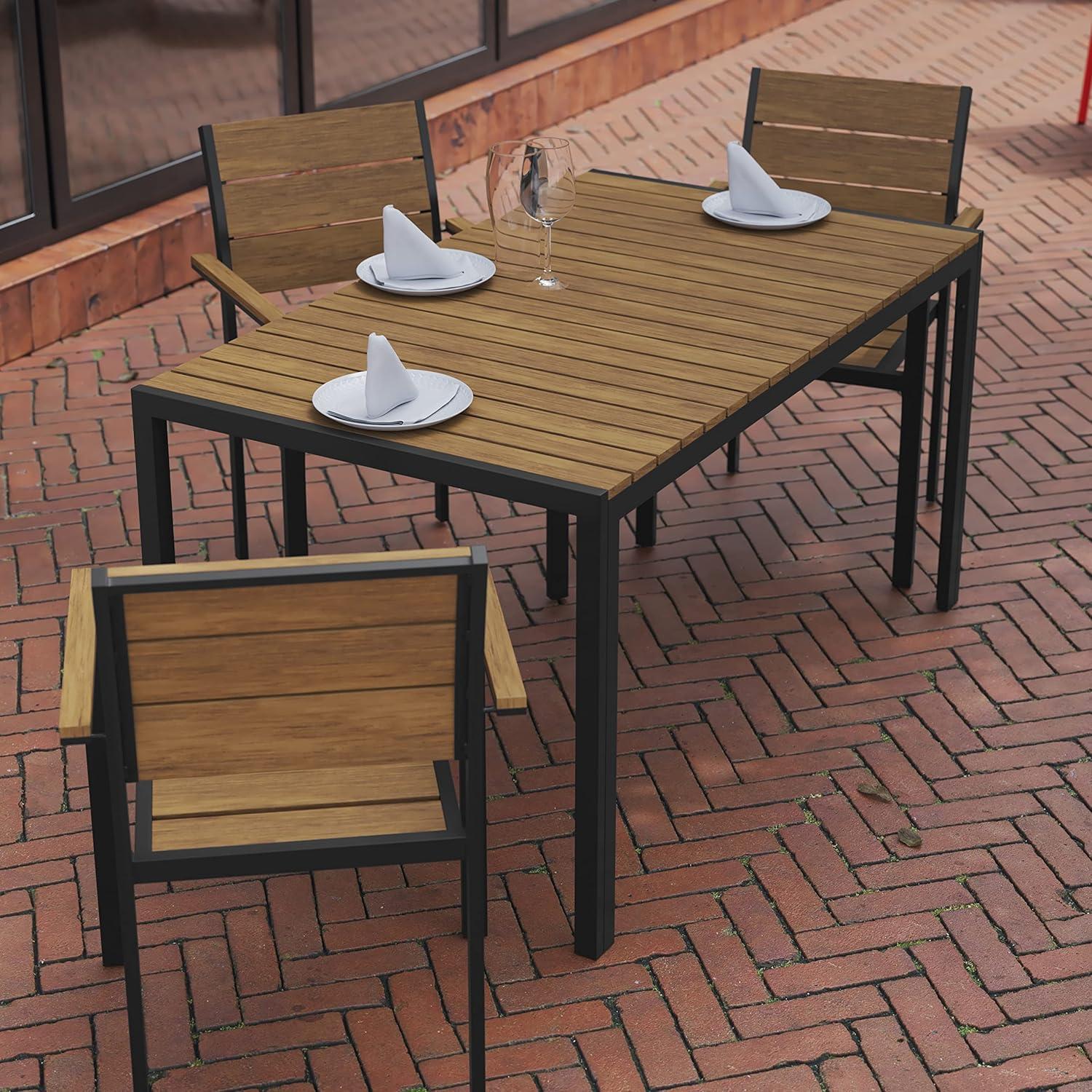 imageFlash Furniture Finch Commercial Grade Outdoor Dining Table 55quot x 31quot with Faux Teak Poly Slats and Metal Frame NaturalGrayNatural TopGray Frame