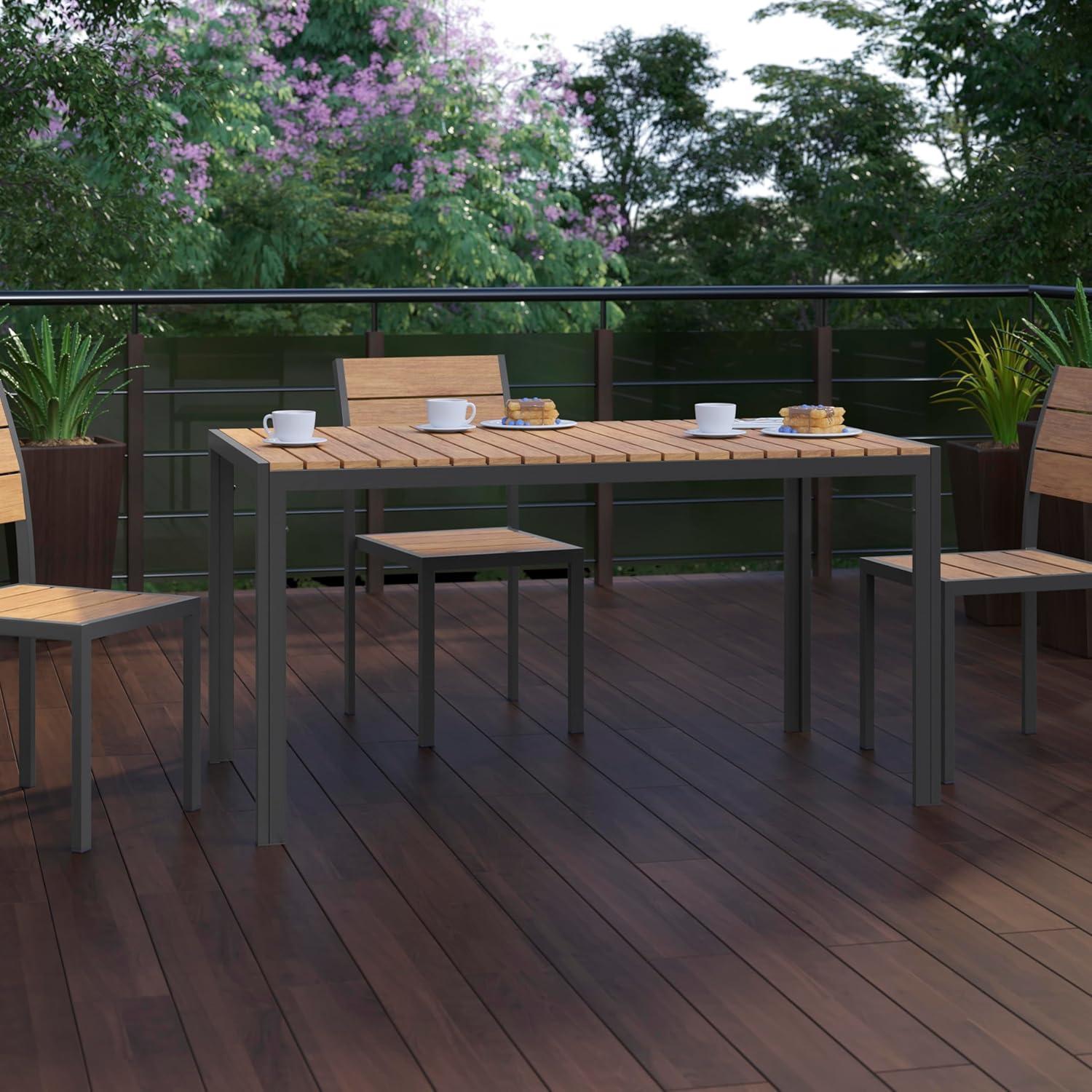 imageFlash Furniture Finch Commercial Grade Outdoor Dining Table 55quot x 31quot with Faux Teak Poly Slats and Metal Frame NaturalGrayNatural TopGray Frame