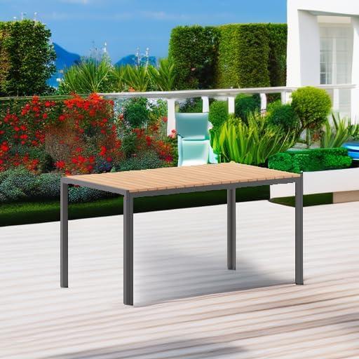 imageFlash Furniture Finch Commercial Grade Outdoor Dining Table 55quot x 31quot with Faux Teak Poly Slats and Metal Frame NaturalGrayNatural TopGray Frame