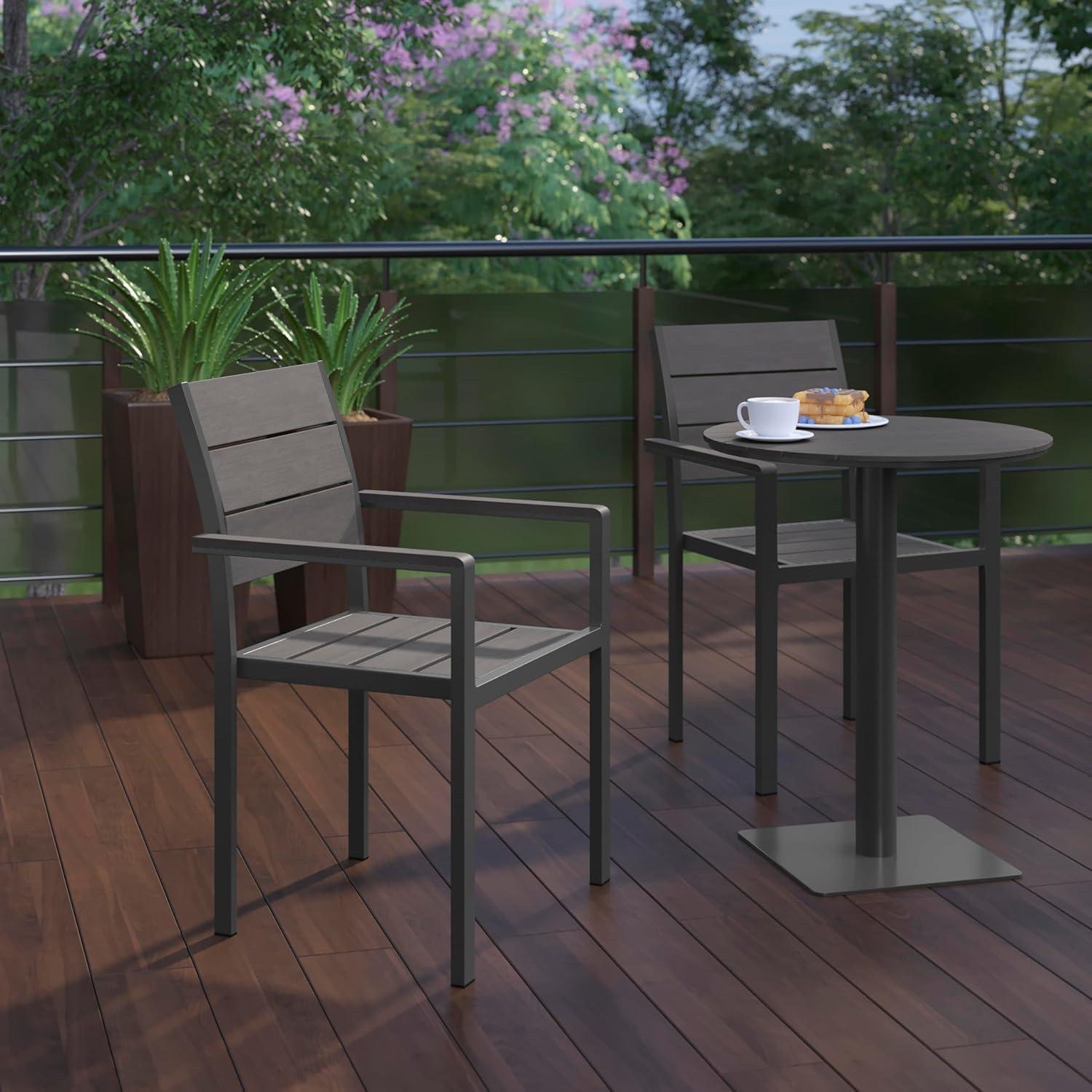 imageFlash Furniture Finch Commercial Grade Patio Chair with Arms Stackable Side Chair with Faux Teak Poly Slats and Metal Frame NaturalGrayGrey