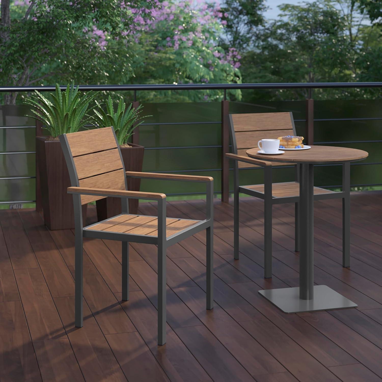imageFlash Furniture Finch Commercial Grade Patio Chair with Arms Stackable Side Chair with Faux Teak Poly Slats and Metal Frame NaturalGrayNatural